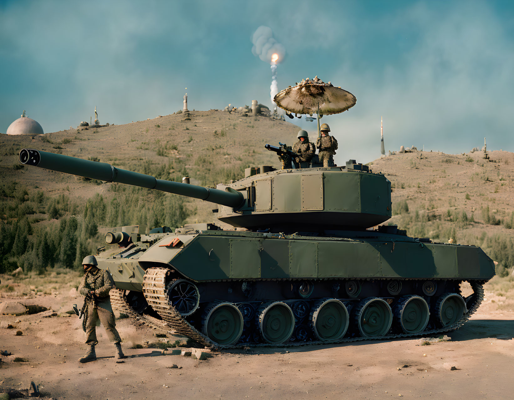 Military tank with soldiers, missile launch, and clear sky scene.