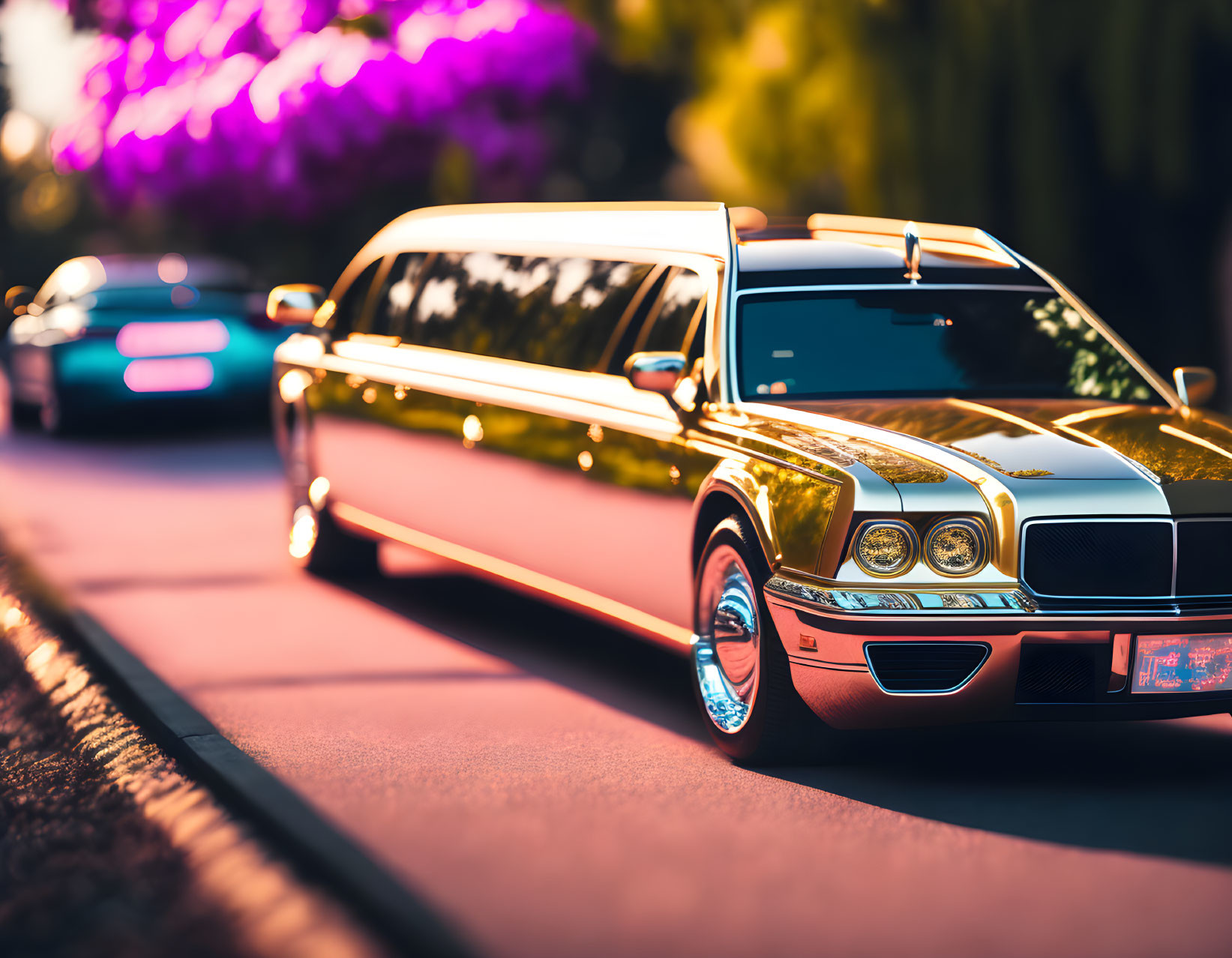 Luxurious golden limousine on sunlit street with purple flowers.