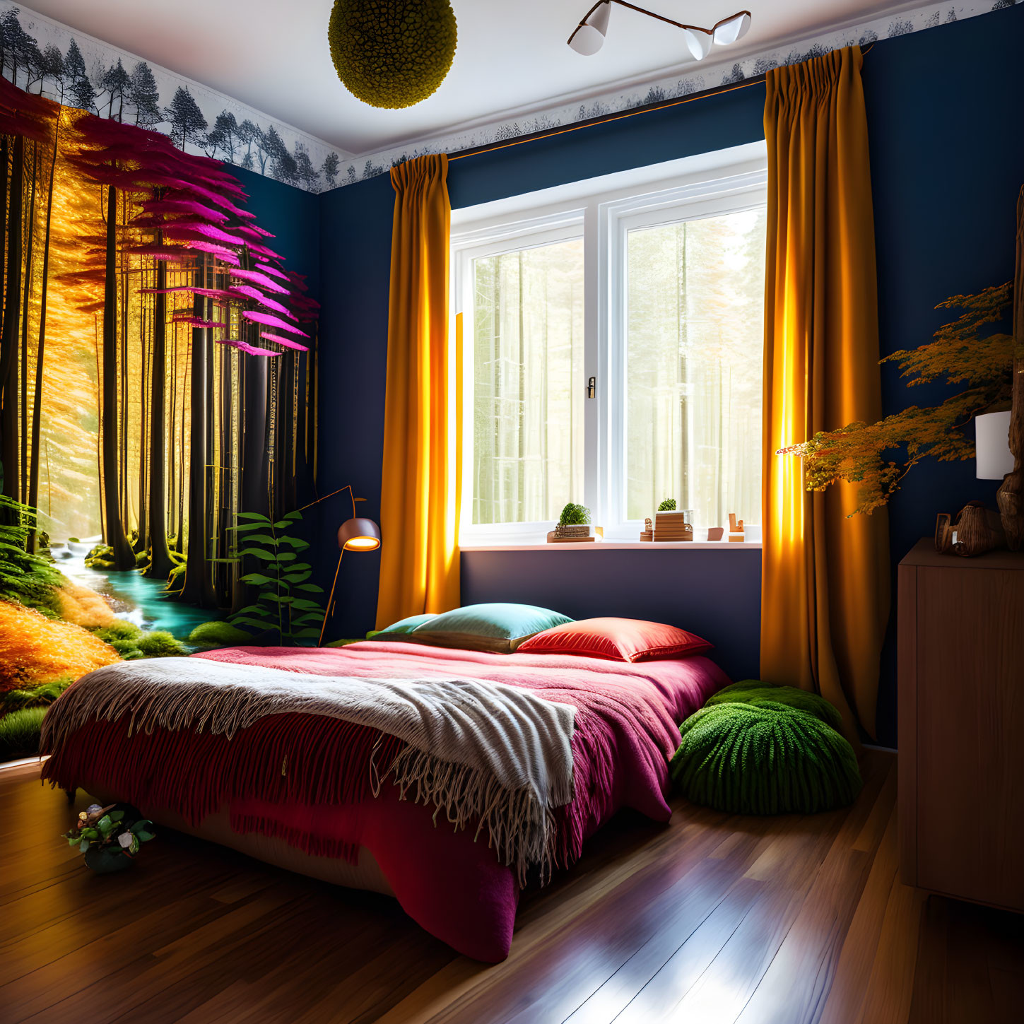 Vibrant forest-themed wall mural in cozy bedroom with colorful bedding and yellow curtains