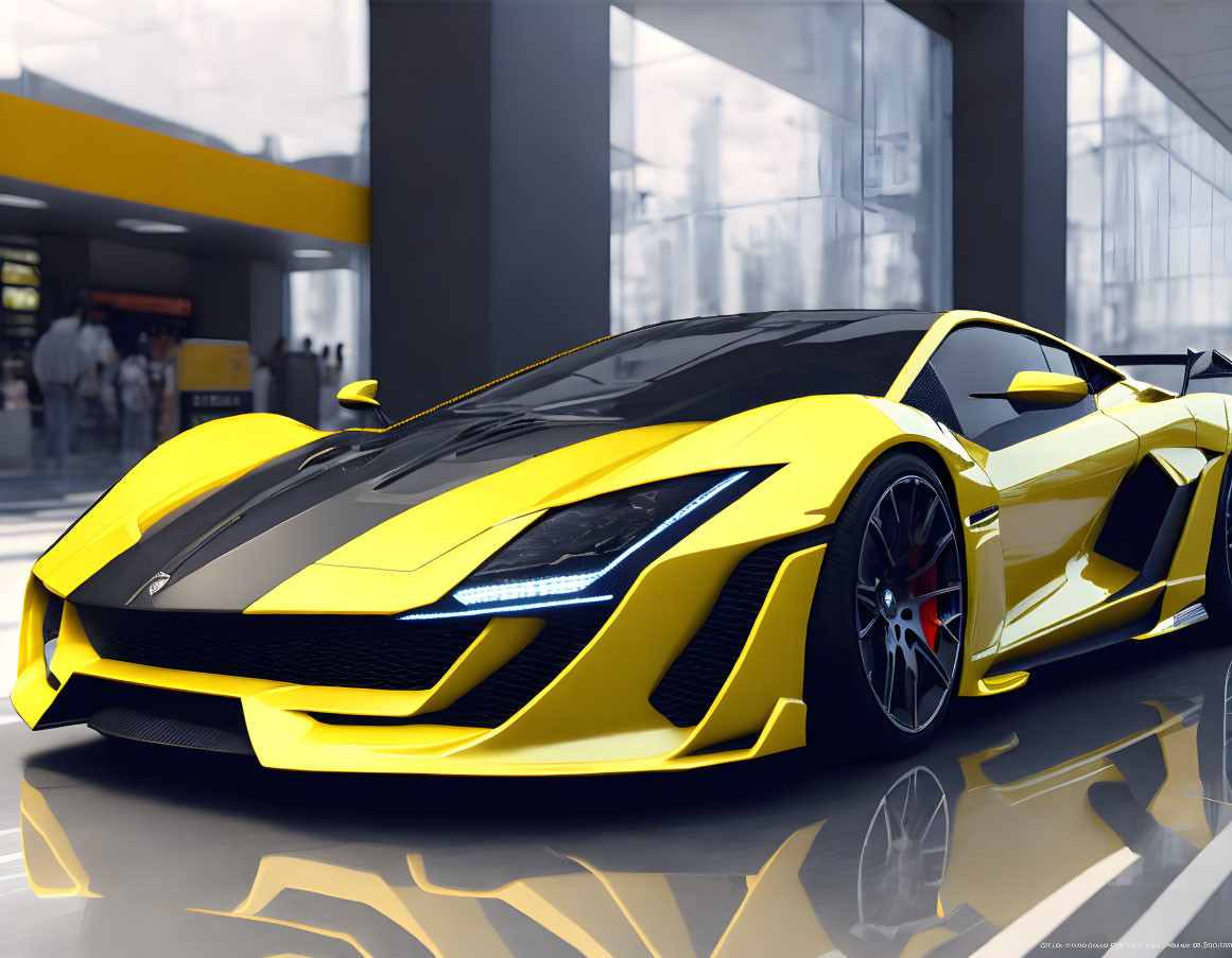 Yellow Sports Car with Black Accents in Modern Setting