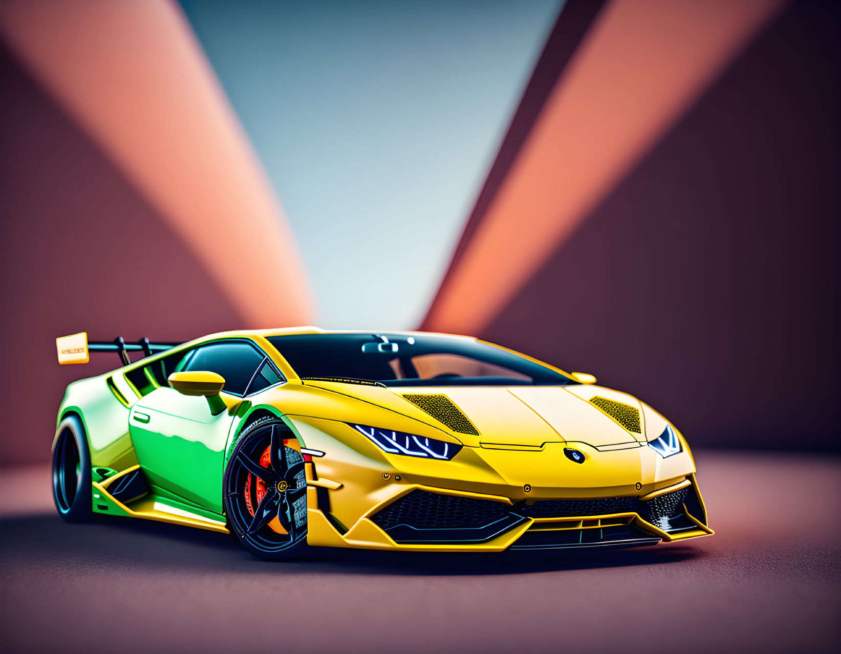 Yellow Lamborghini with Green Accents and Rear Spoiler on Colorful Background