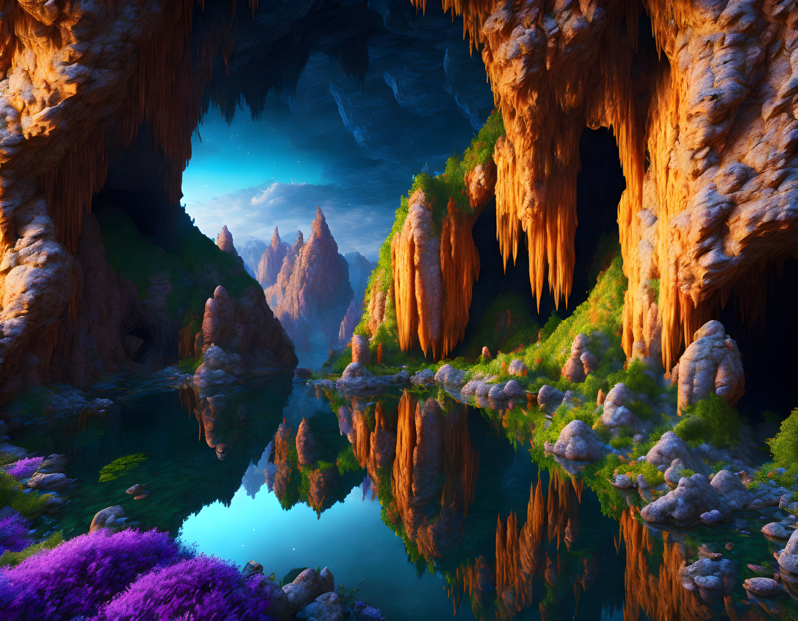 Fantasy cave with stalactites, blue lake, colorful flora, and starry sky