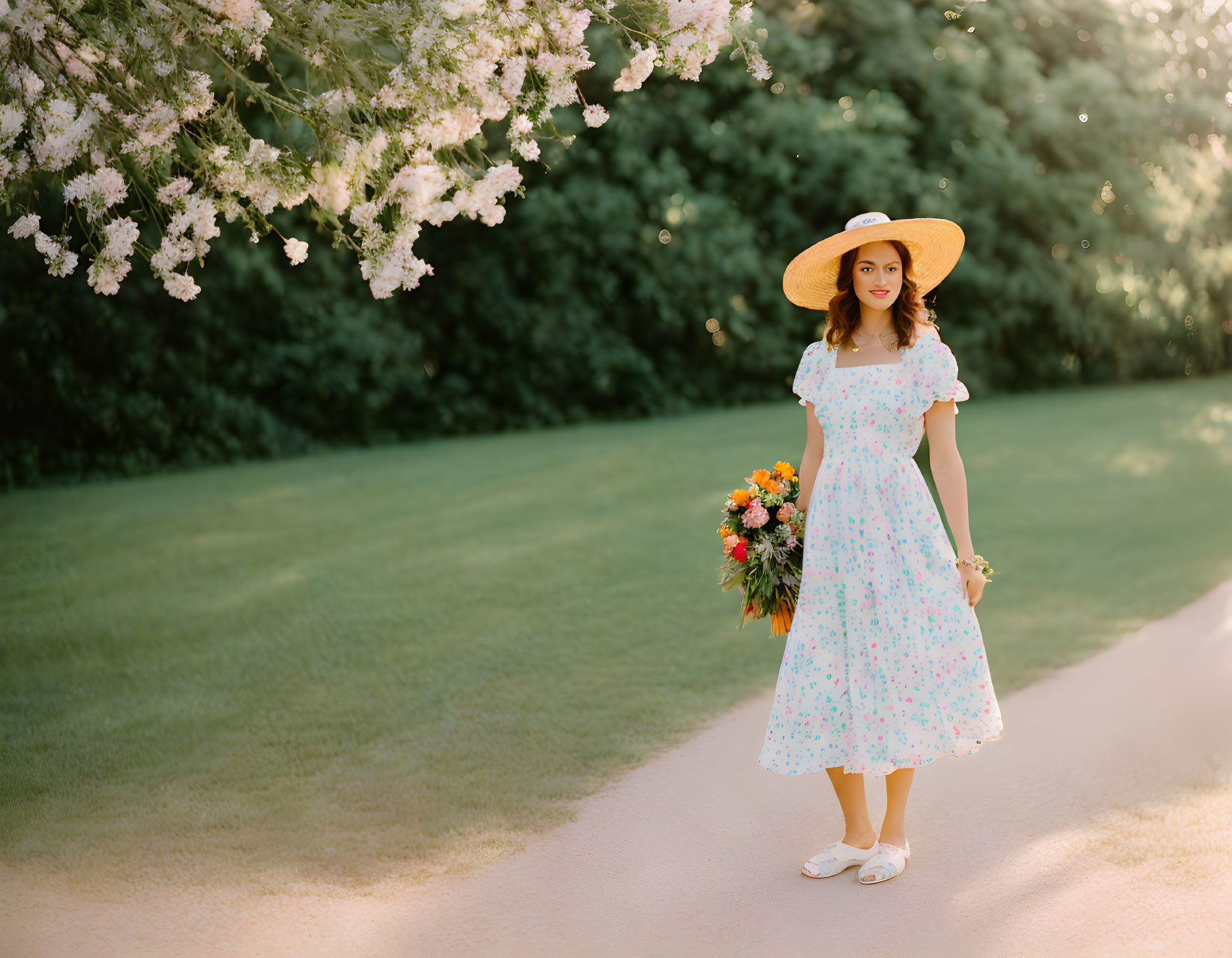 Woman in light blue floral dress with bouquet on garden path