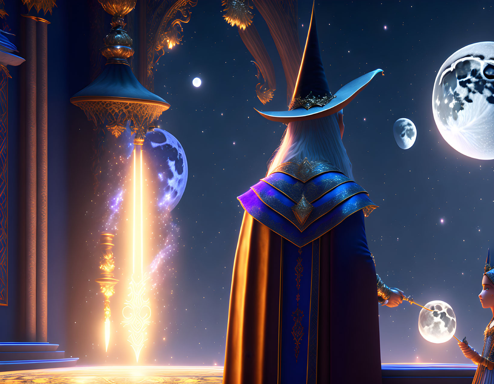 Wizard in Star-Patterned Cloak with Magical Beam and Celestial Backdrop