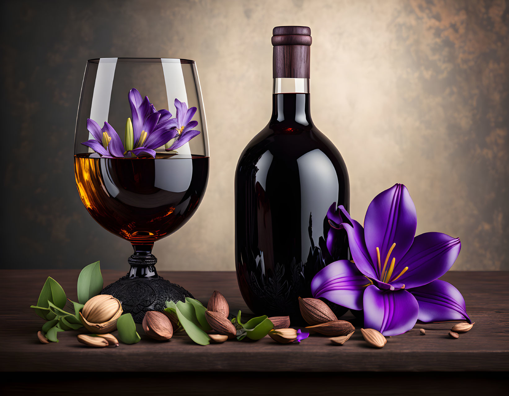 Brandy glass, sealed bottle, almonds, purple flowers on wooden table