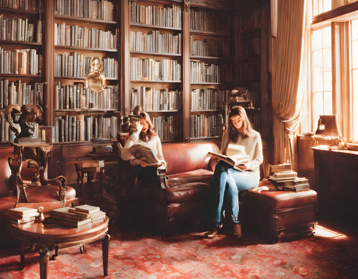 Cozy vintage library with two individuals reading books