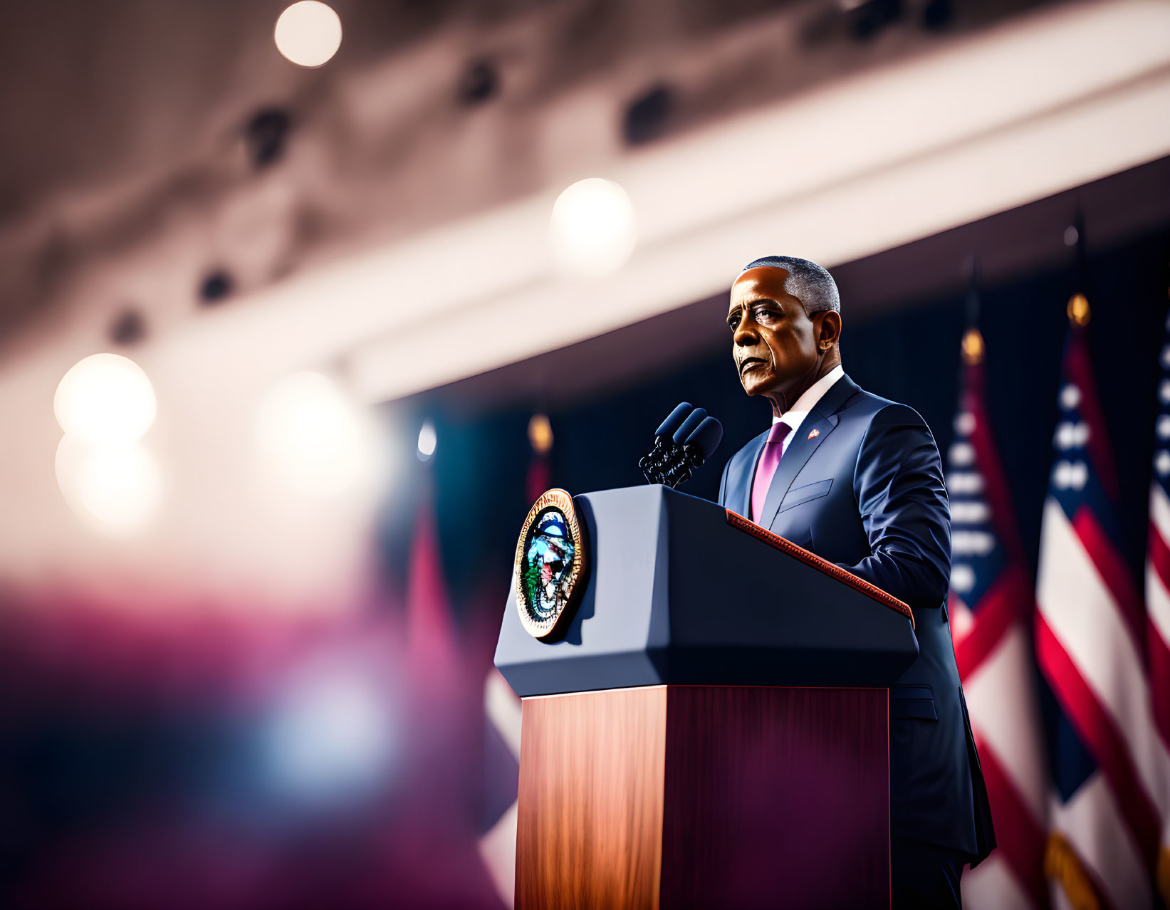 Person delivering speech at podium with official seal, American flags, and spotlights.