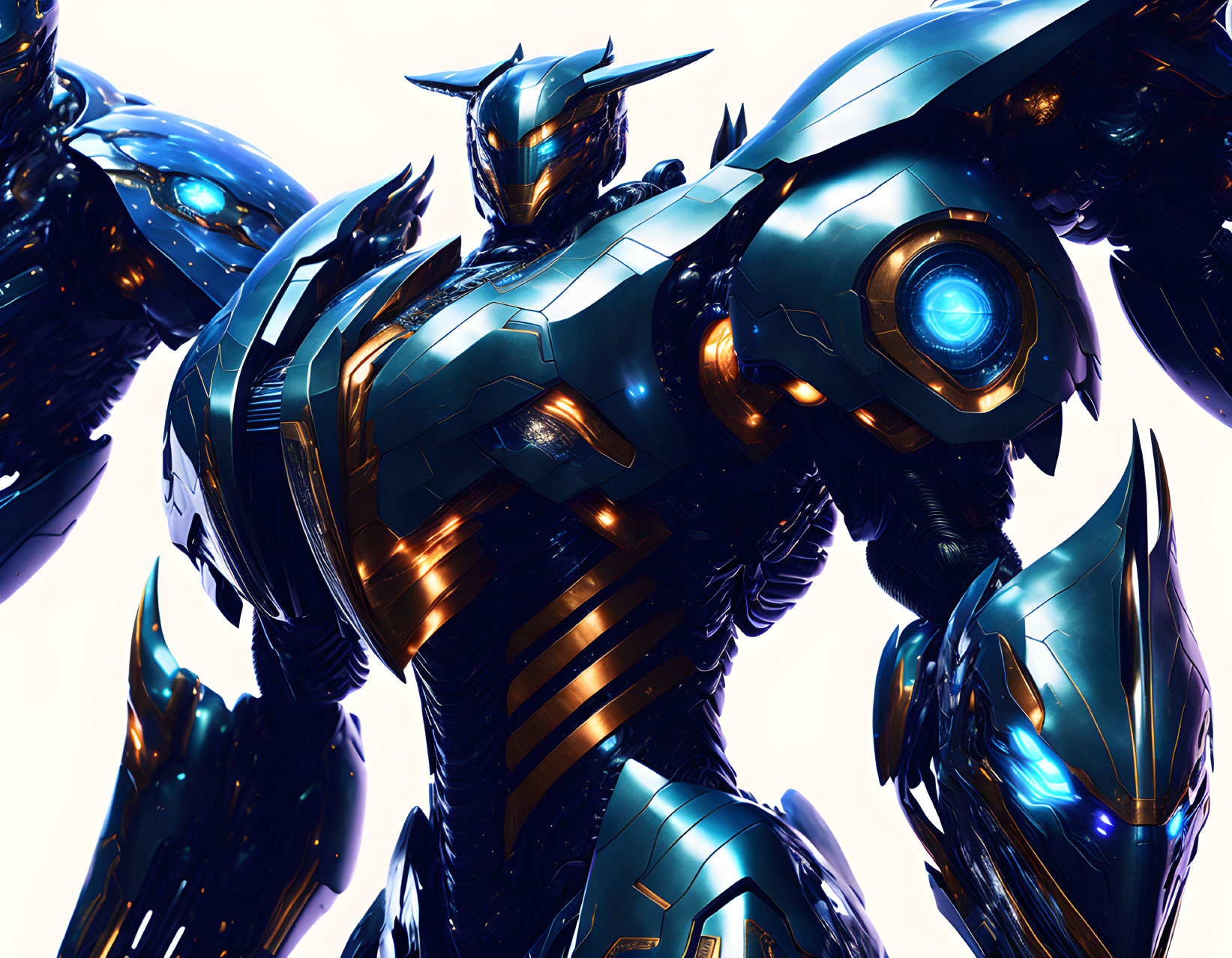 Detailed Blue and Black Armored Robotic Suit with Glowing Cores