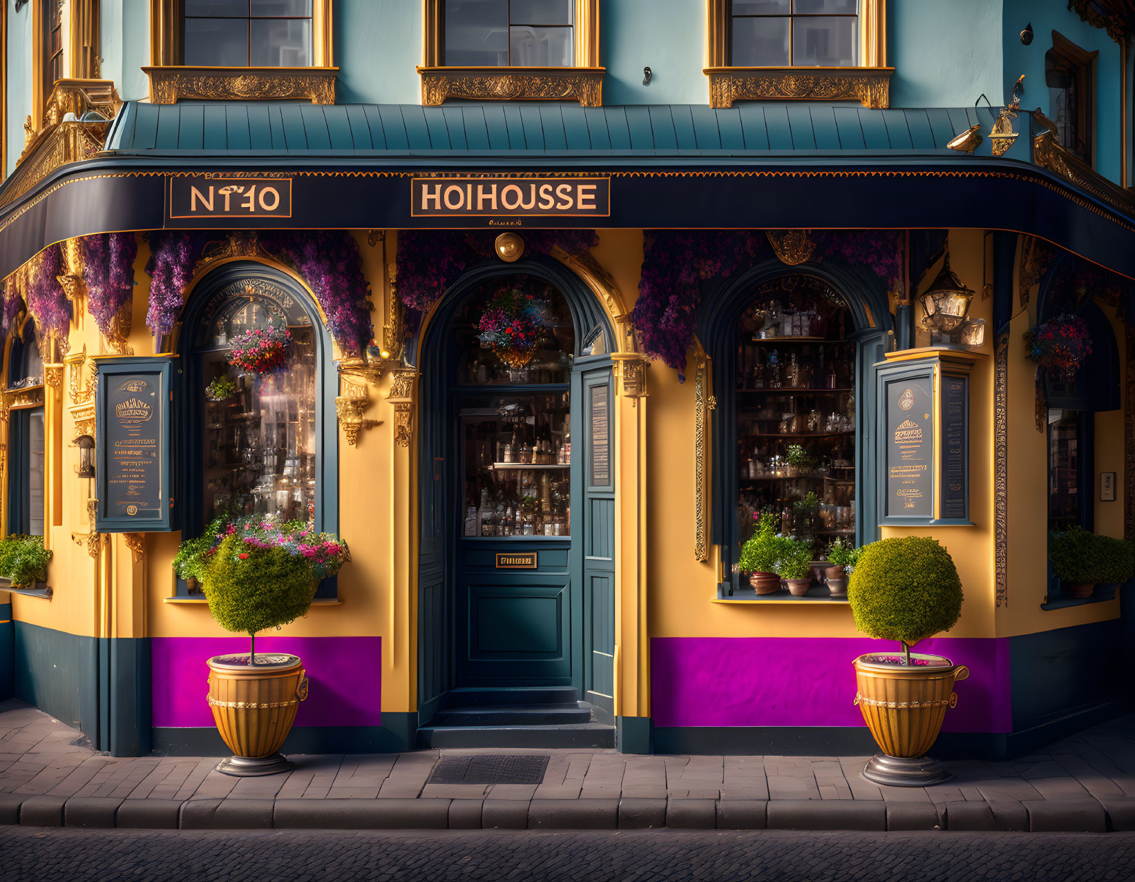 Vintage-style Blue and Gold Storefront with Floral Arrangements and Menu Boards