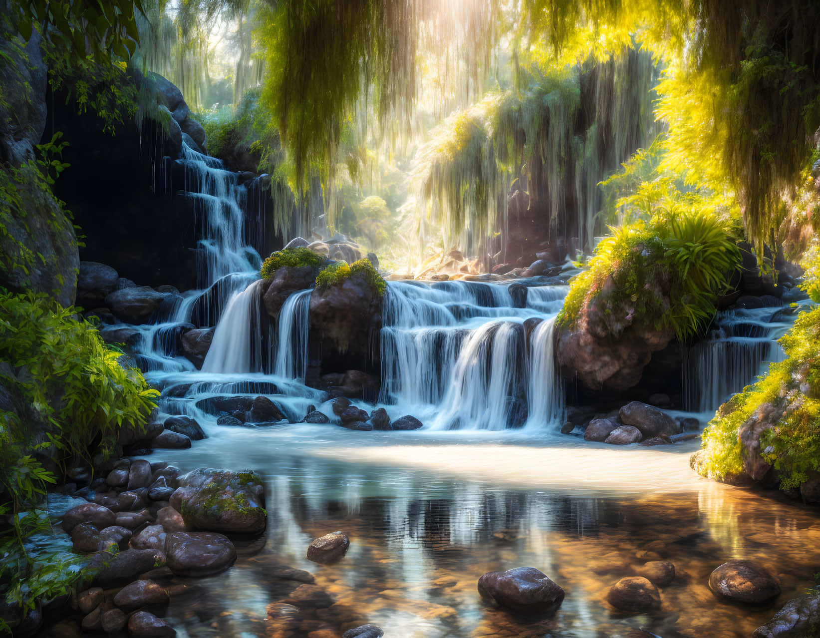 Tranquil forest waterfall with sunlight and moss-covered rocks