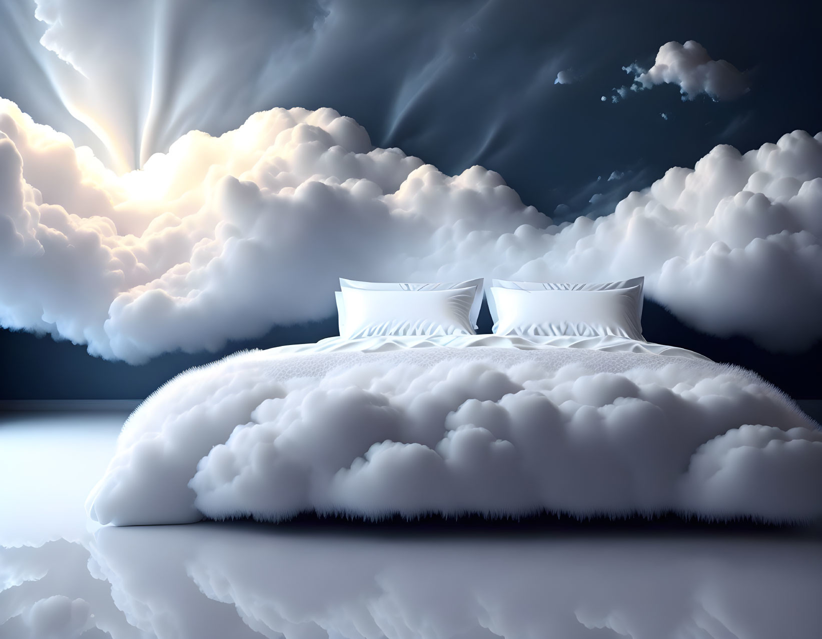 Plush bed with white linens on cloud under dramatic sky