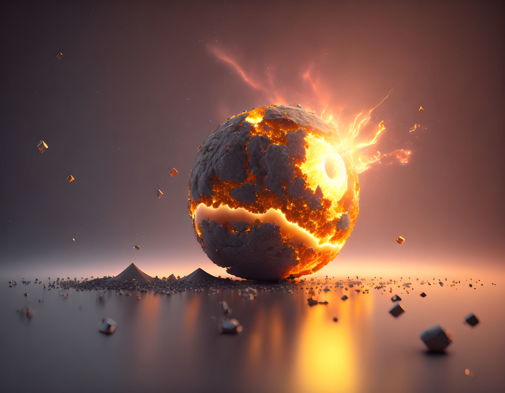 Fiery cracked sphere with glowing core and floating debris in dusky setting