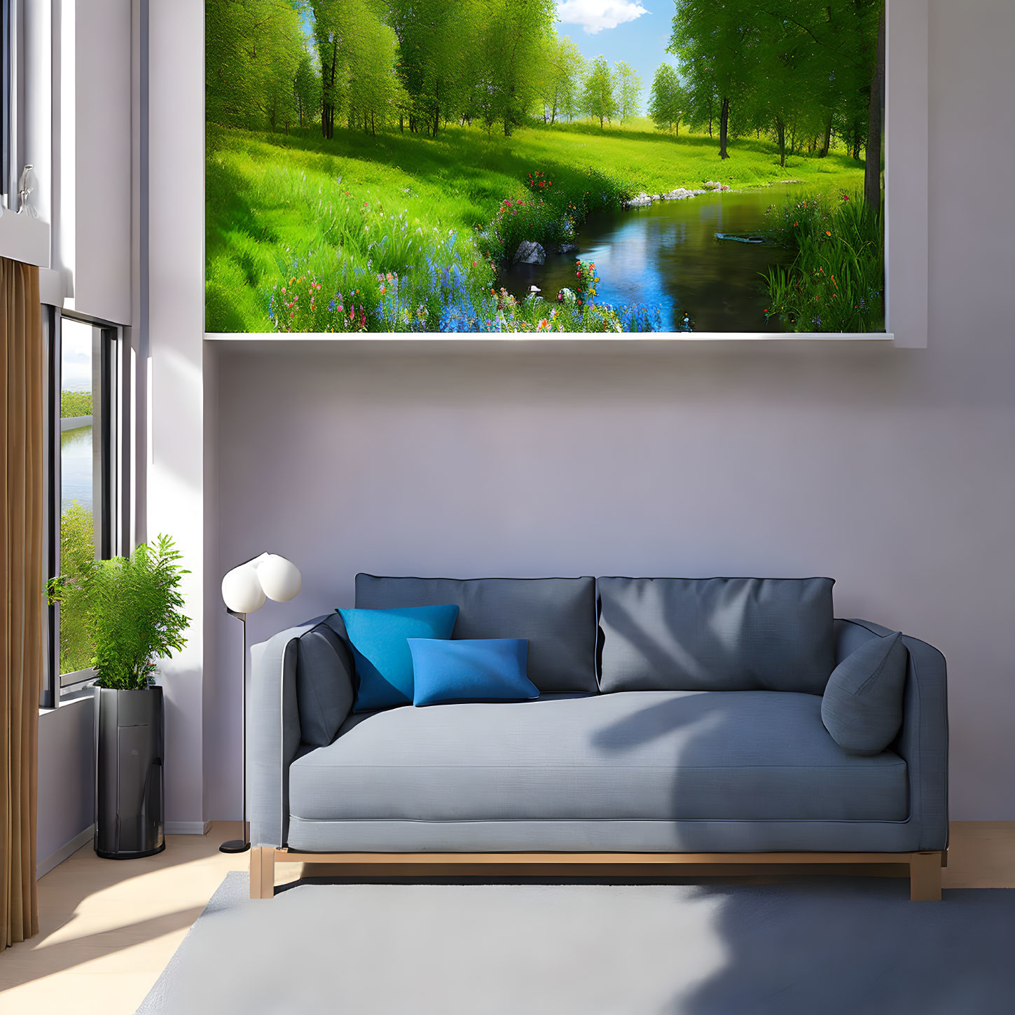 Modern Living Room with Gray Sofa, Blue Cushions, and Nature View