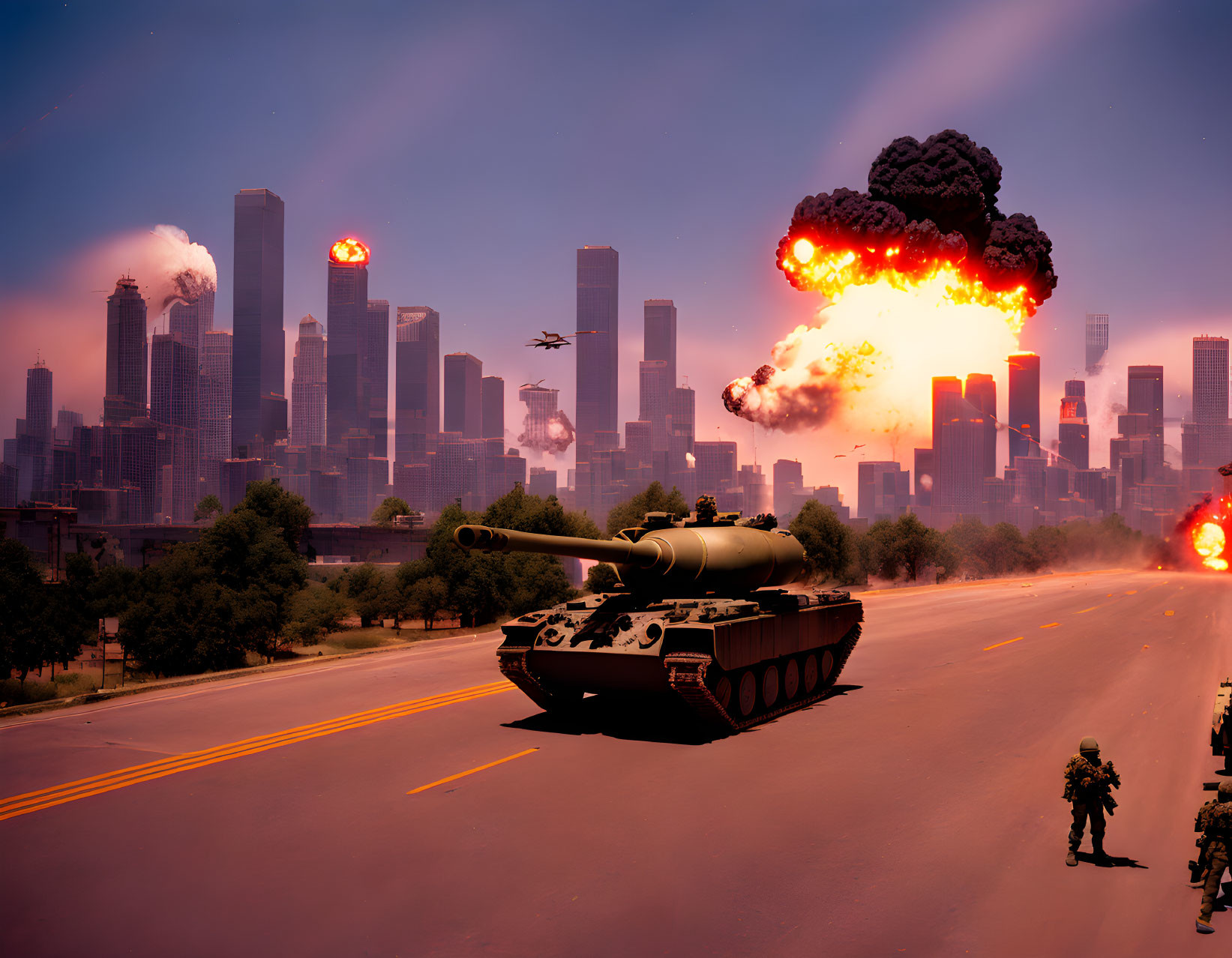 Tank, soldiers, explosions, aircraft in city scene at dusk.