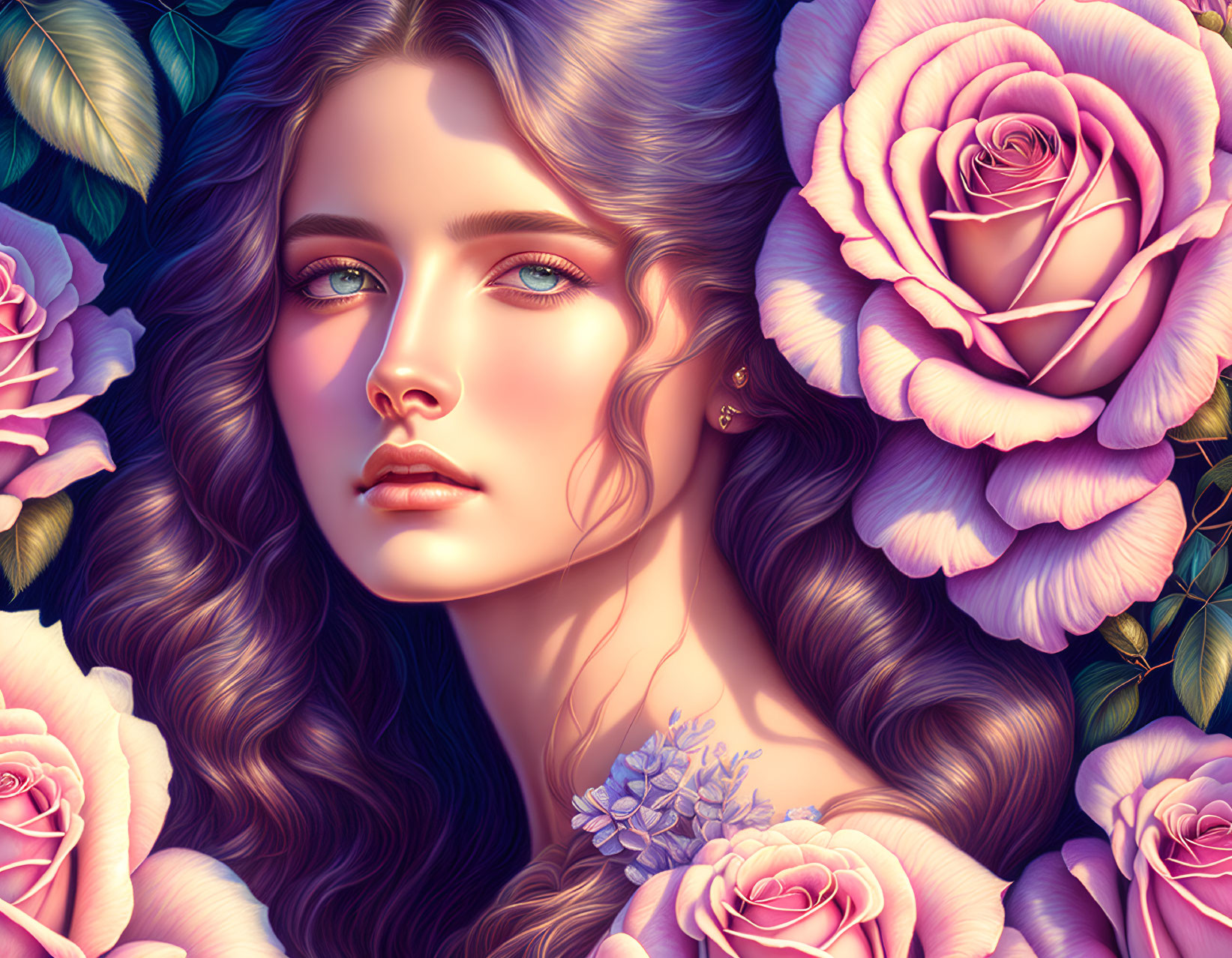 Digital portrait: Woman with flowing hair, pink roses & green leaves