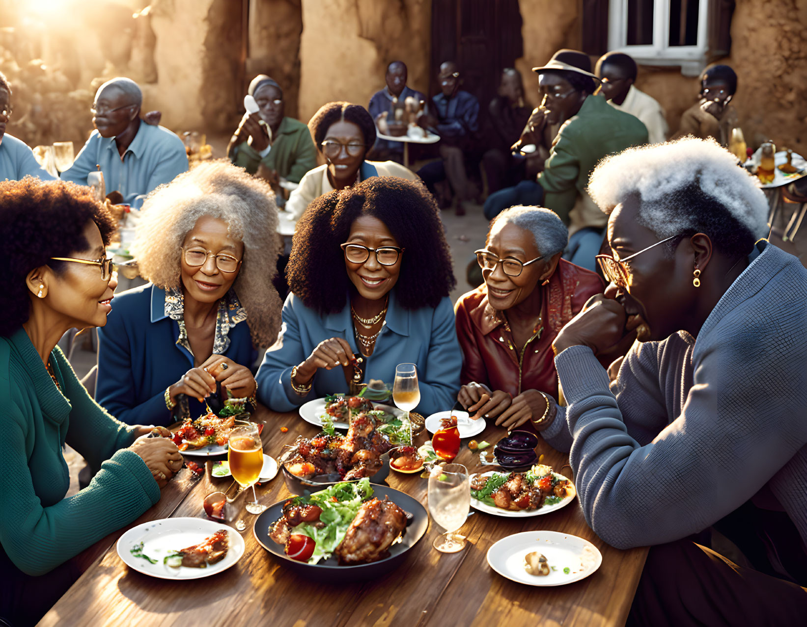 Elderly individuals enjoying a meal outdoors in the sunlight