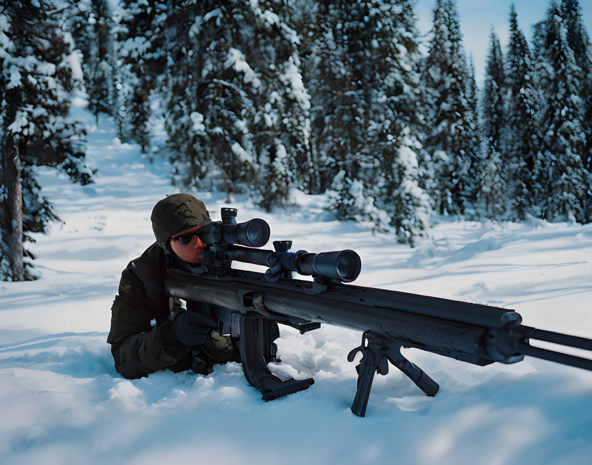 Person in winter camouflage aiming sniper rifle in snowy forest.