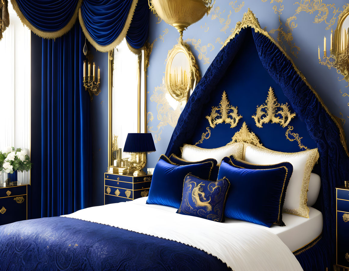 Opulent bedroom with gold and blue decor and canopy bed