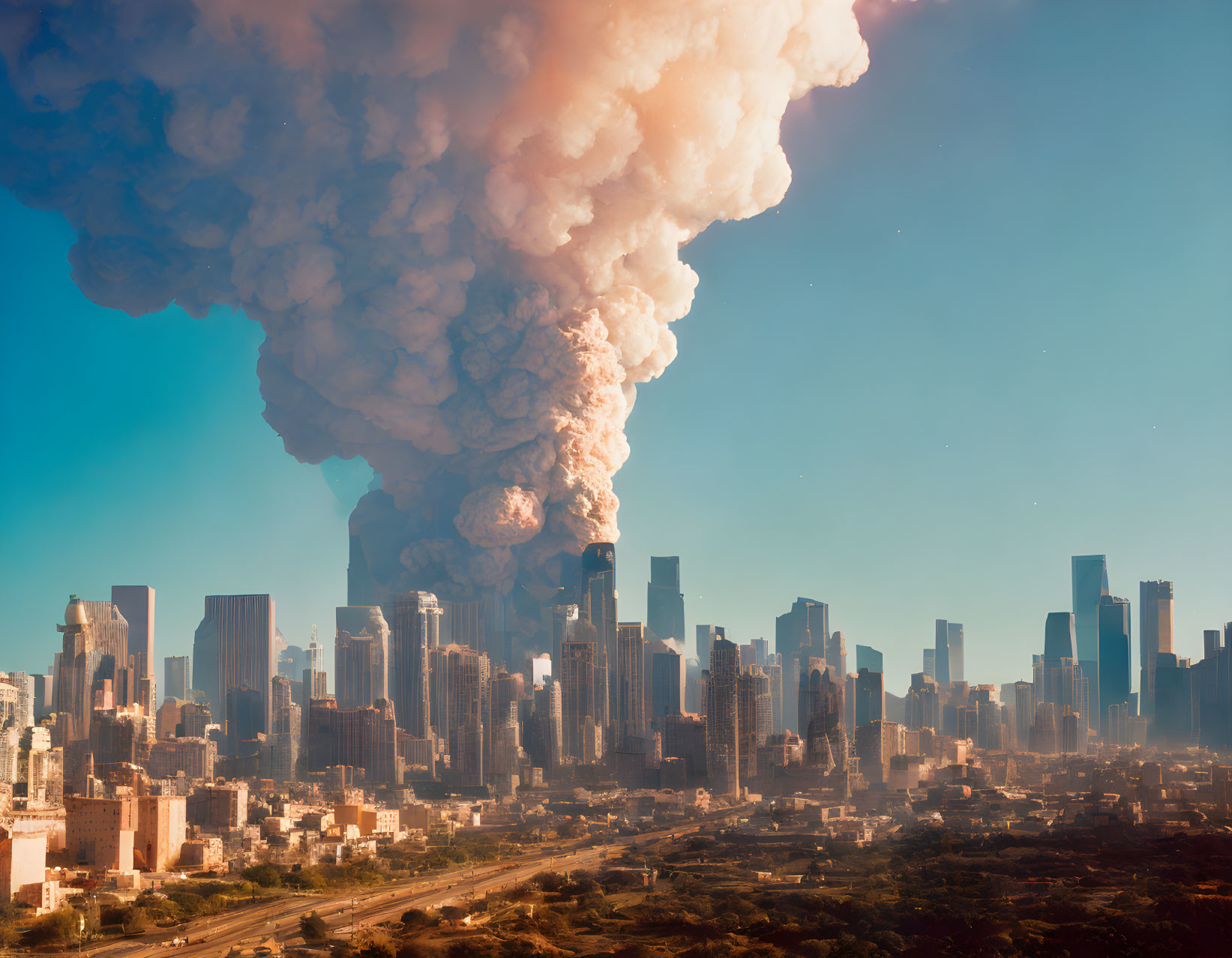 Billowing Smoke Cloud Over Modern Cityscape