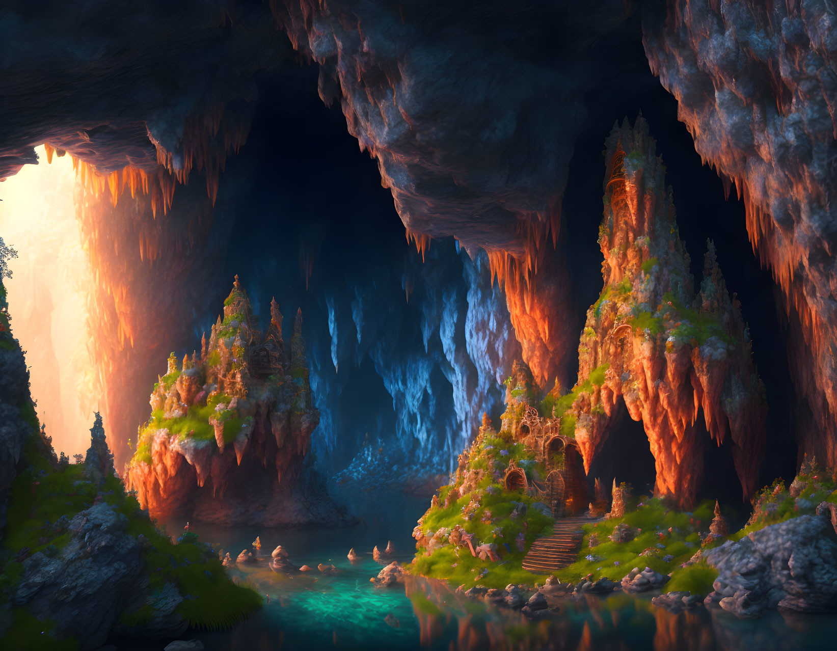 Sunlit entrance, azure water, towering stalactites in mystical cavern