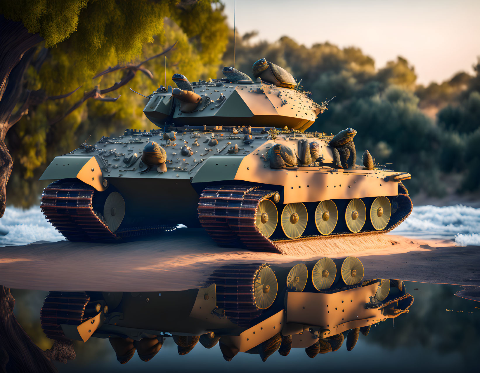 Armored military tank parked near water at dusk