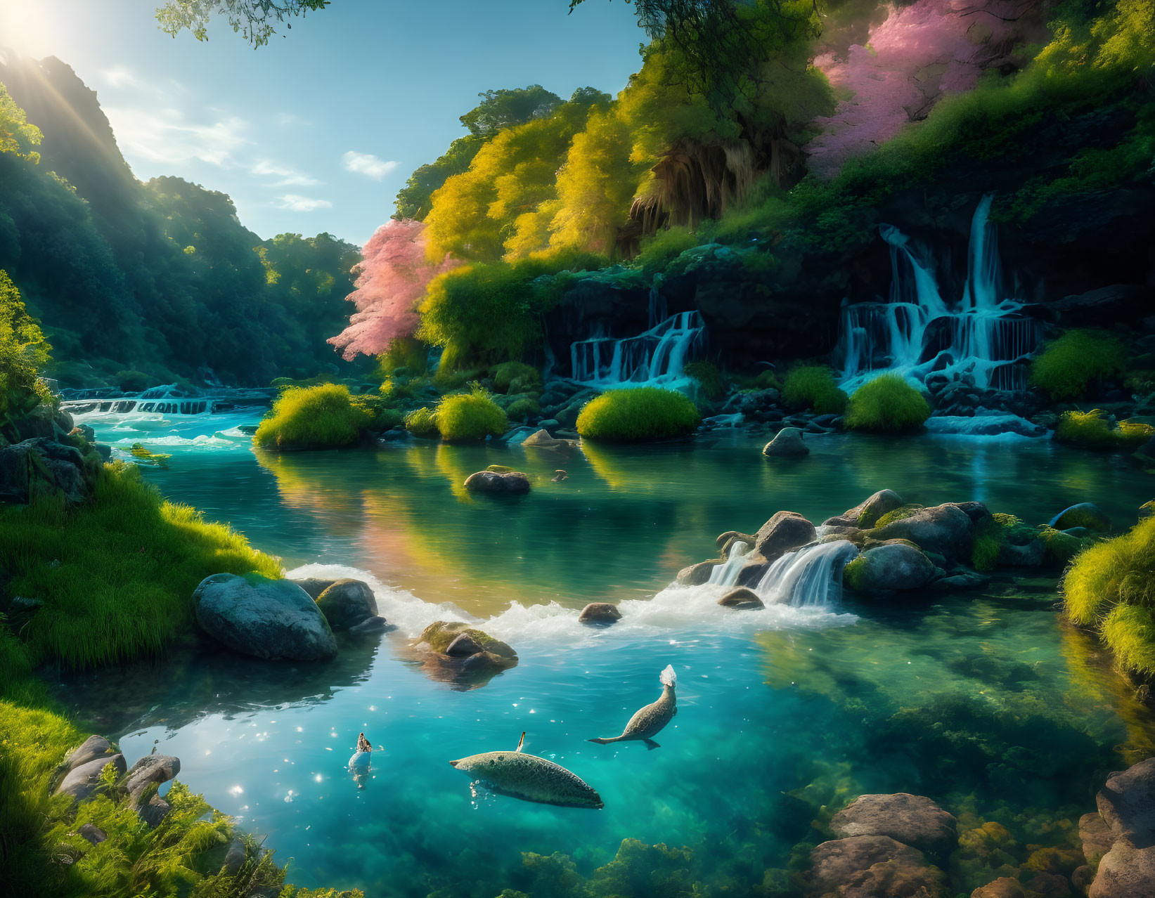 Tranquil landscape with river, waterfalls, lush foliage, and jumping fish