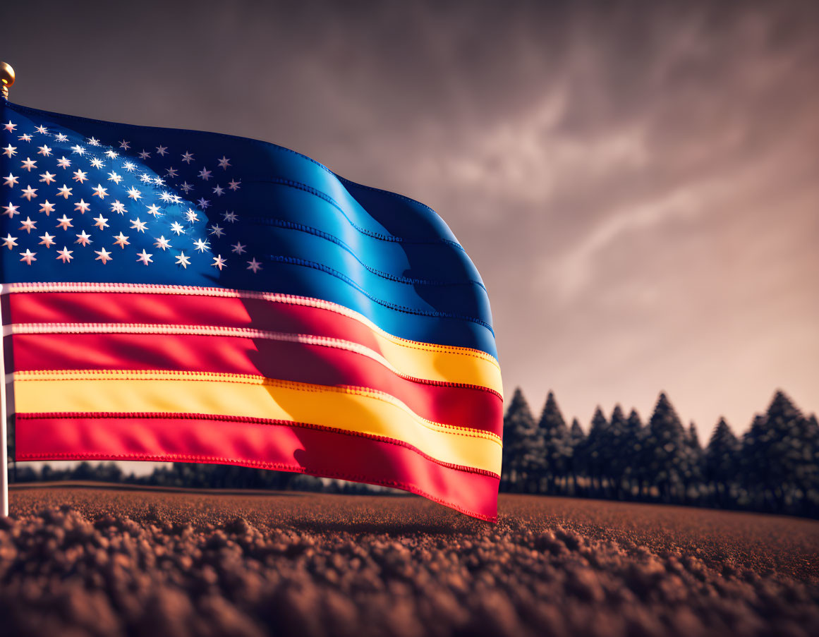 Unconventional American flag in blue to red gradient against twilight sky and forest silhouette