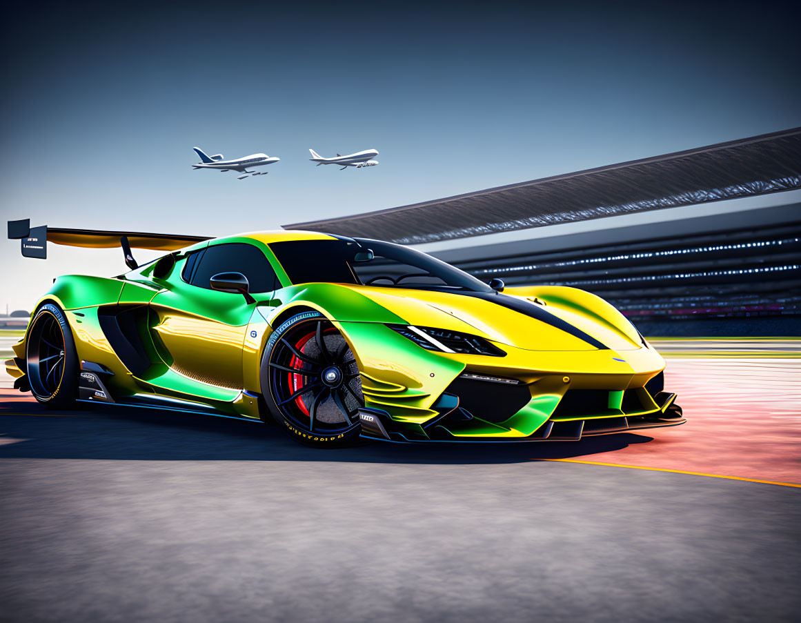 Green and Yellow Sports Car with Aerodynamic Design on Racetrack with Airplanes