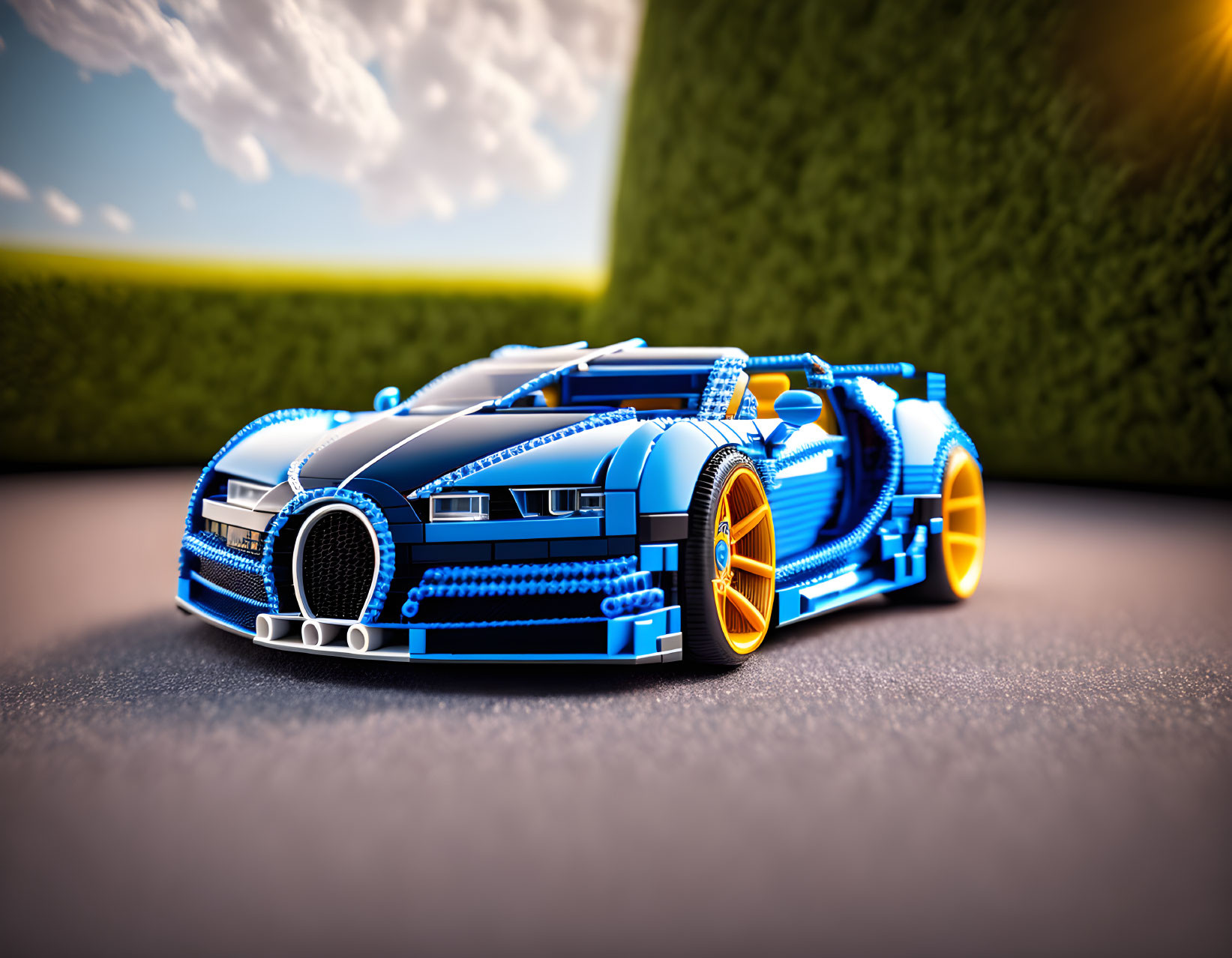 Detailed Model of Sports Car with Blue and Black Accents and Large Wheels on Green Hedge Backdrop