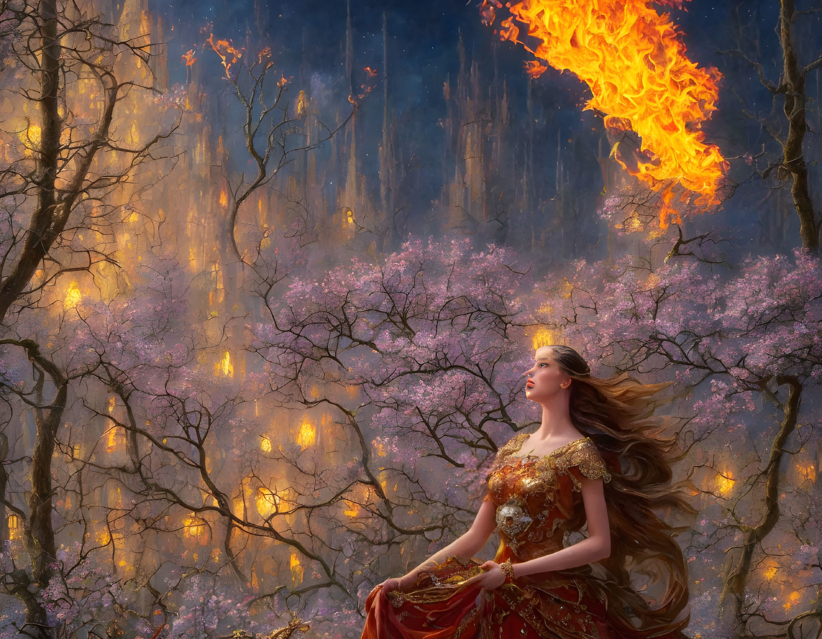 Woman in Red Dress Surrounded by Pink Trees and Phoenix in Lantern-lit Forest