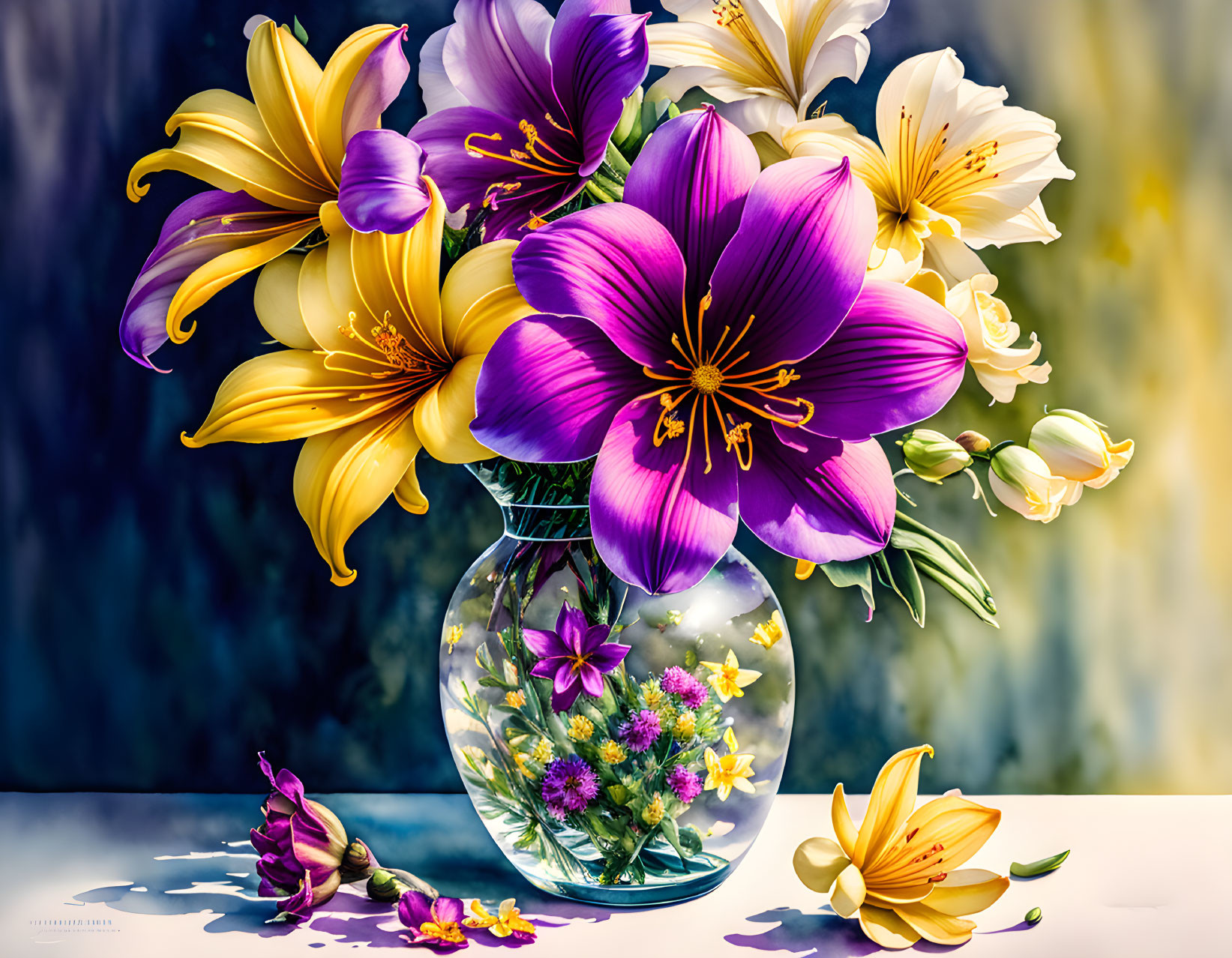 Lilac and Yellow Flowers in Glass Vase with Scattered Petals