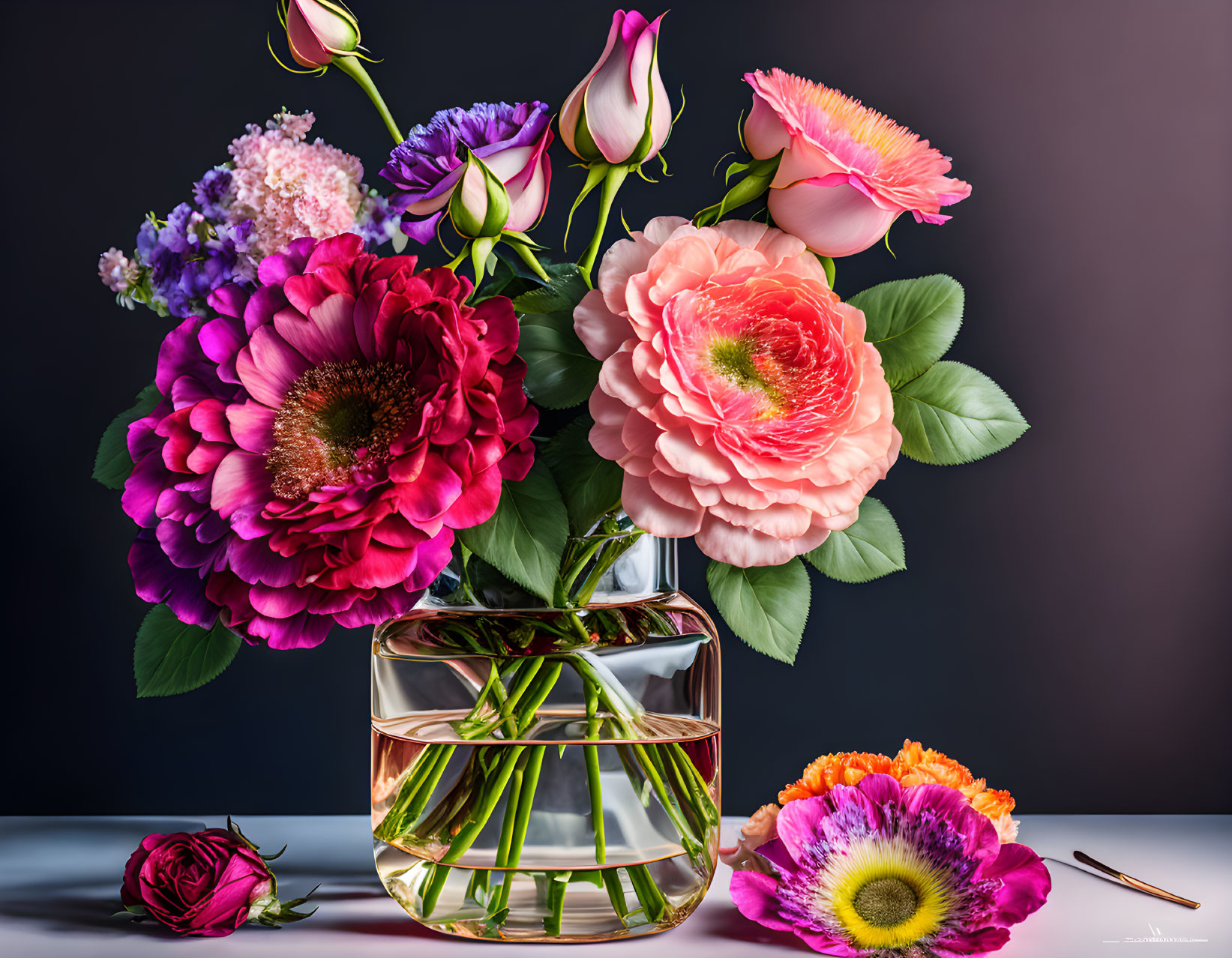 Assorted Flowers Bouquet in Clear Vase on Dark Background