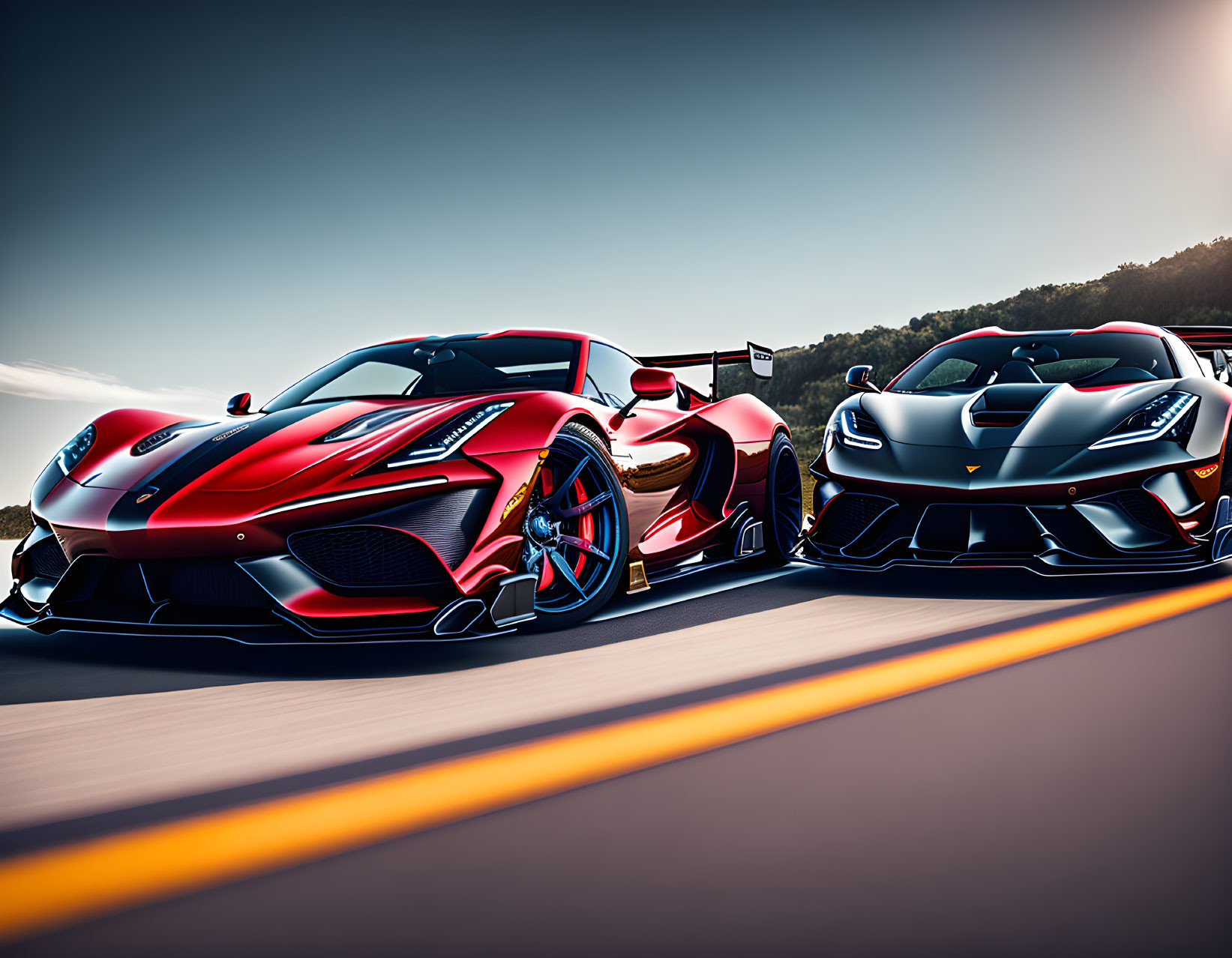 Dynamic Red and Black Sports Cars Racing on Track