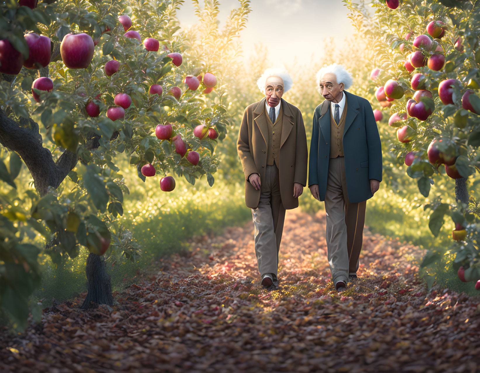 Elderly men strolling in a vibrant apple orchard