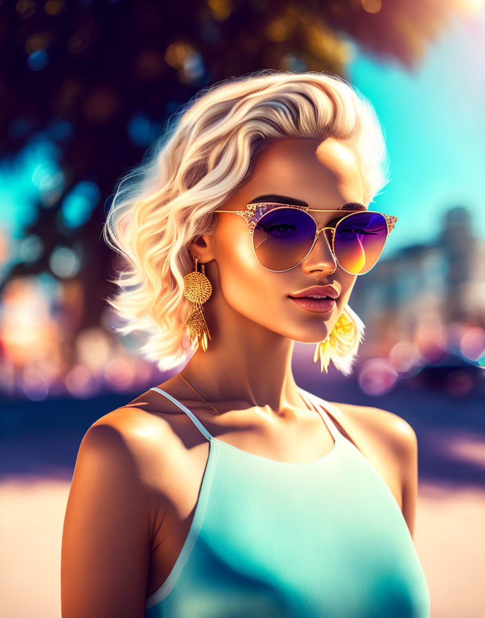 Blonde woman in sunglasses and teal top against city backdrop