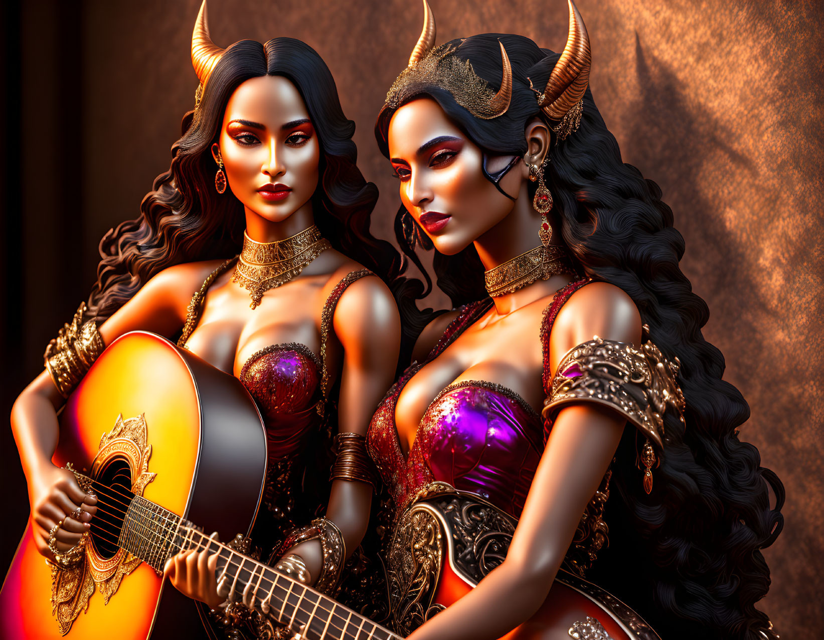 Stylized women with horns in fantasy costumes holding guitar