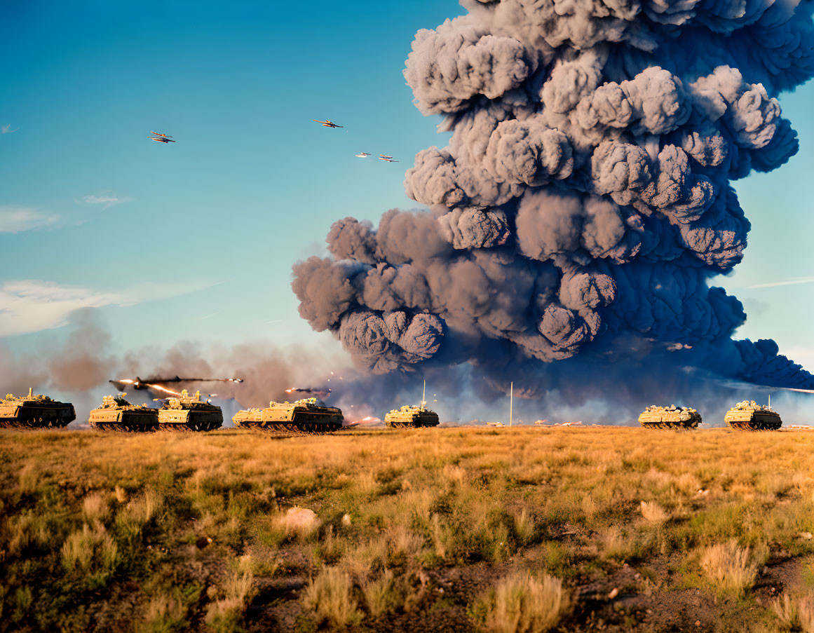 Military tanks, helicopters, and explosion in desert scene.