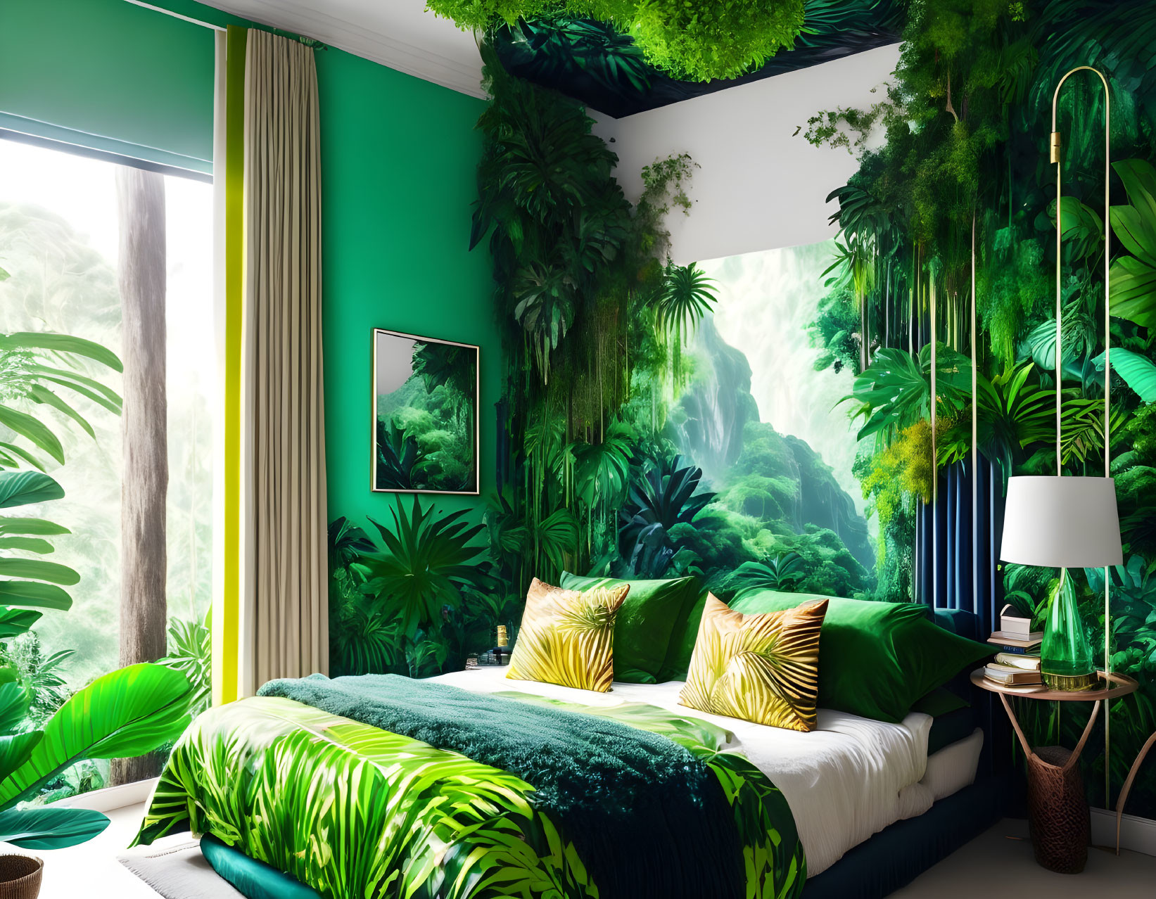 Vibrant jungle-themed bedroom with lush greenery and white bed.