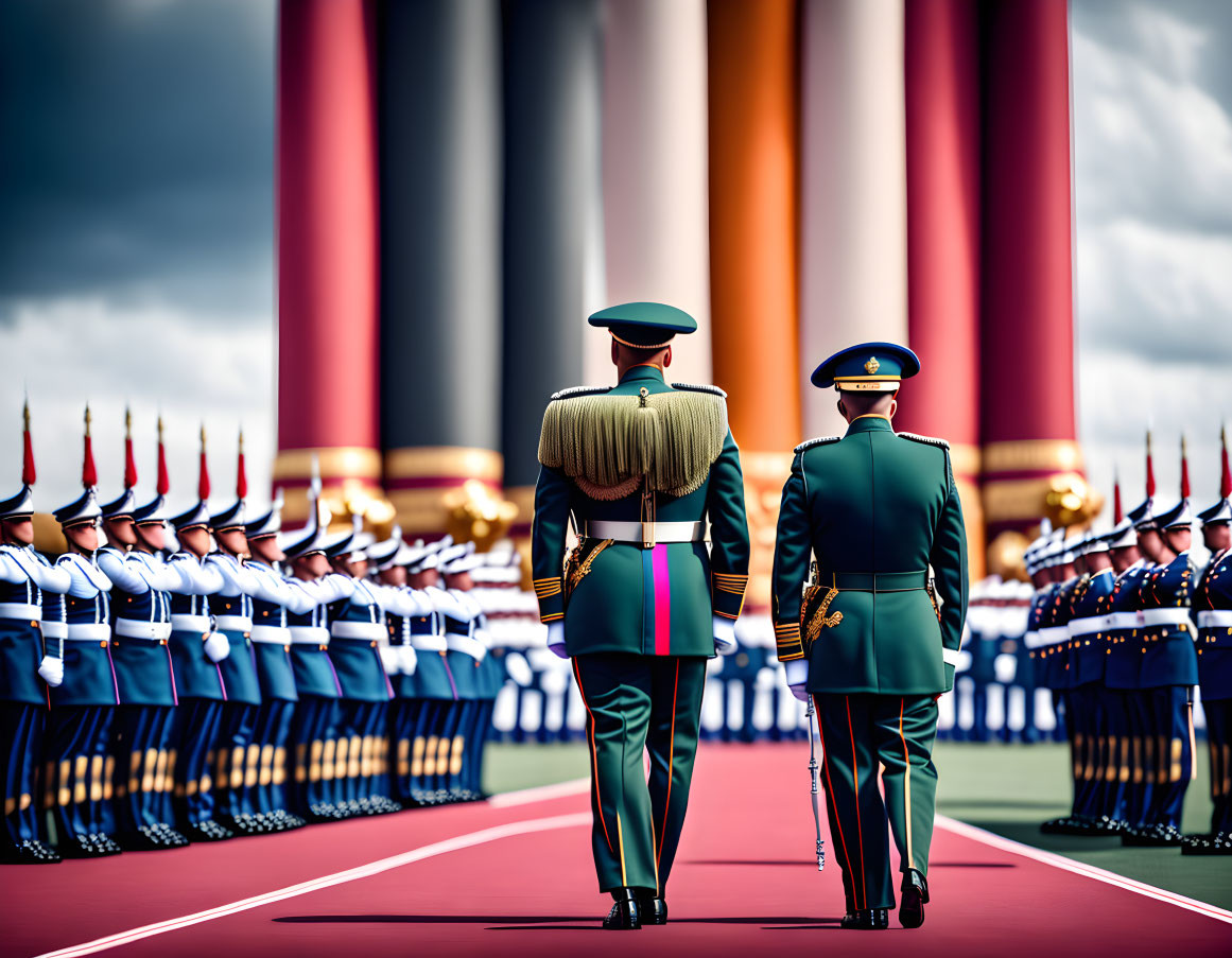 Military officers in ceremonial parade with saluting soldiers and large pillars.