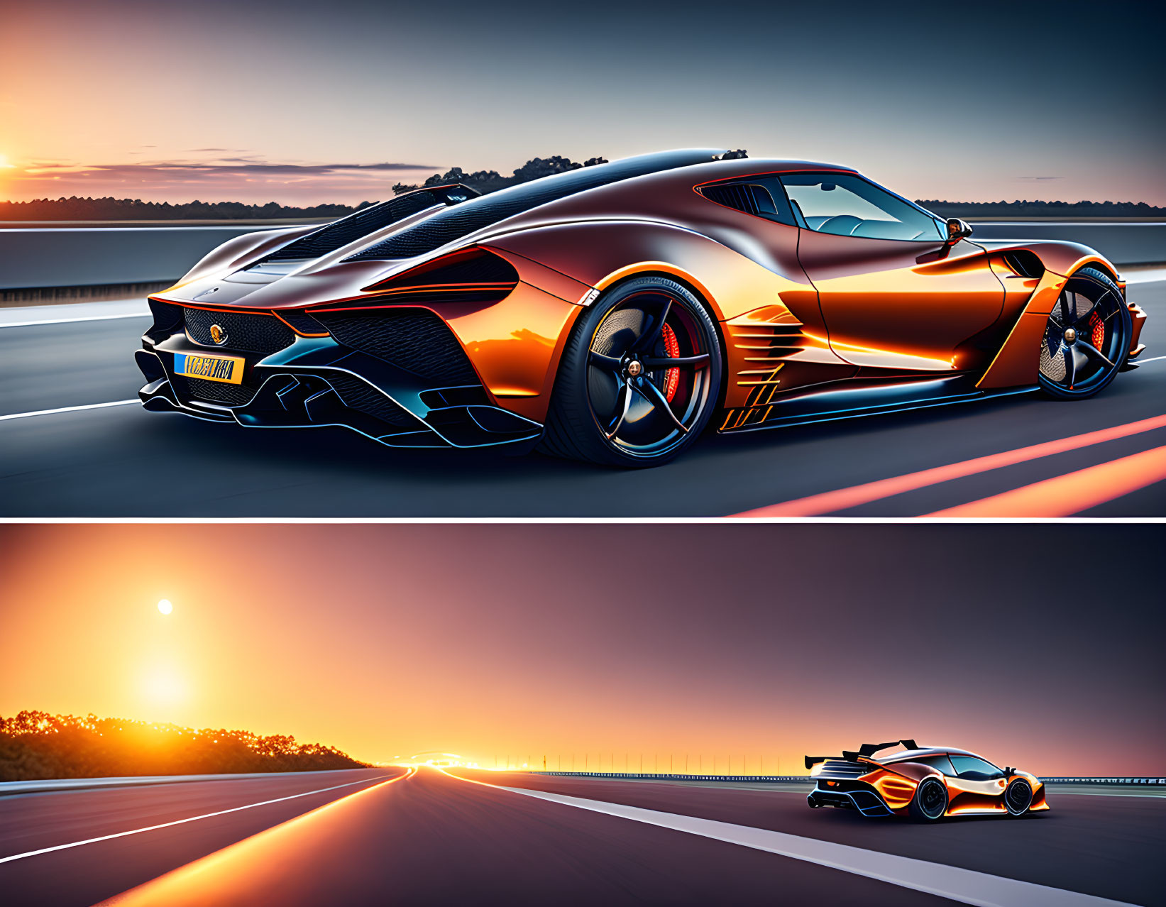 Sleek Orange and Black Sports Car in Parked and Motion Scenes