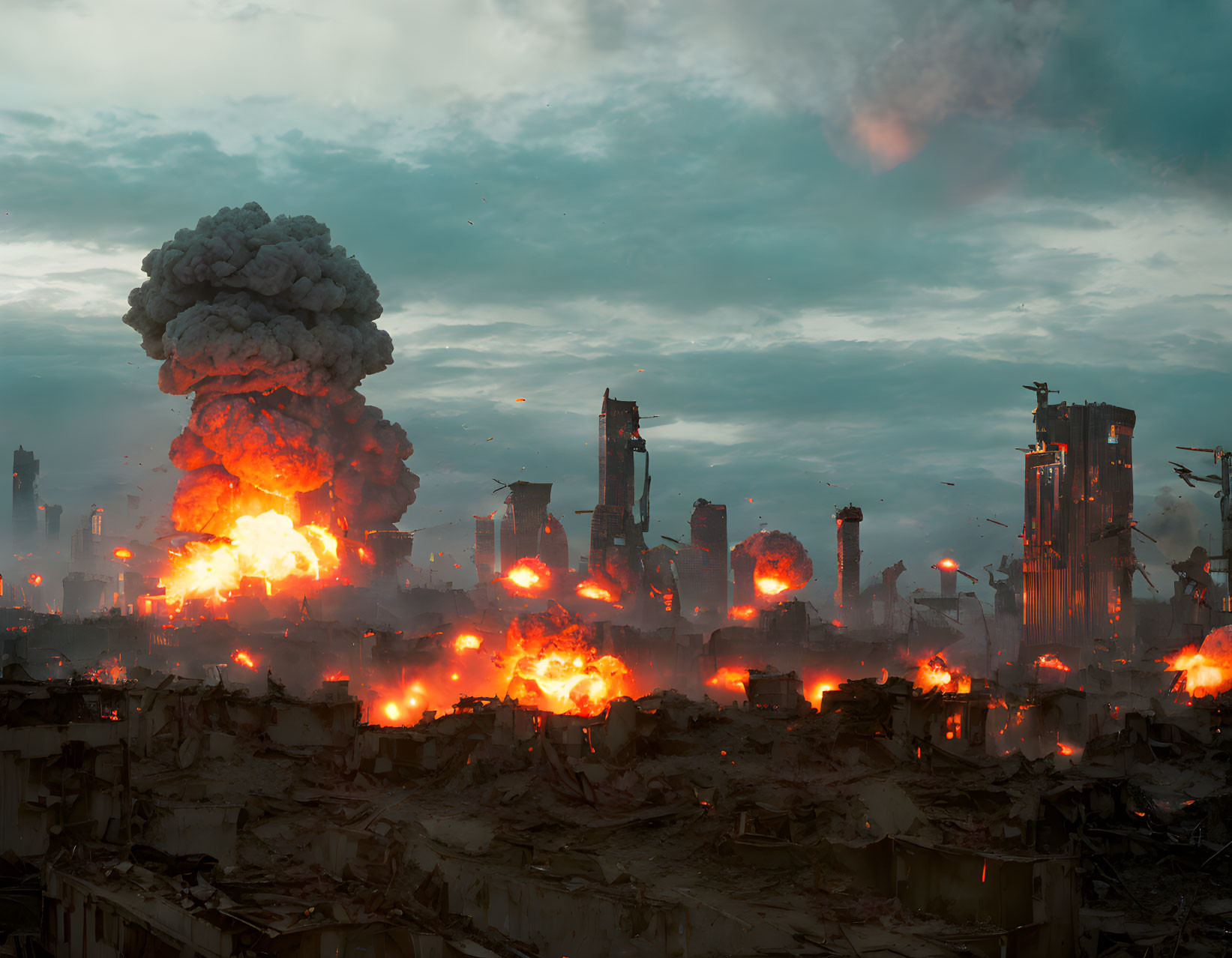 Devastating urban explosion with towering mushroom cloud amid ruins.