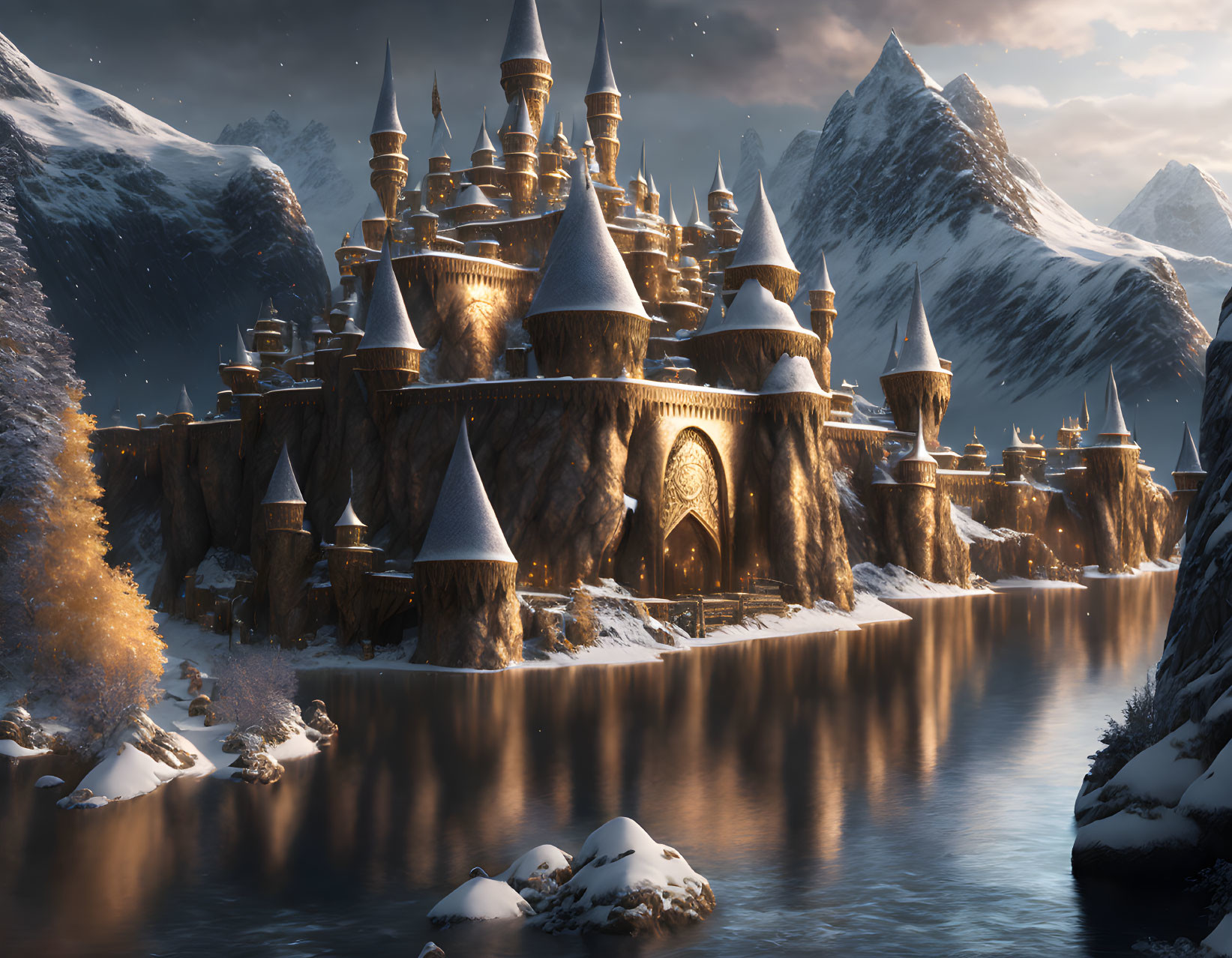 Majestic castle with spired towers near tranquil river and snow-covered mountains.