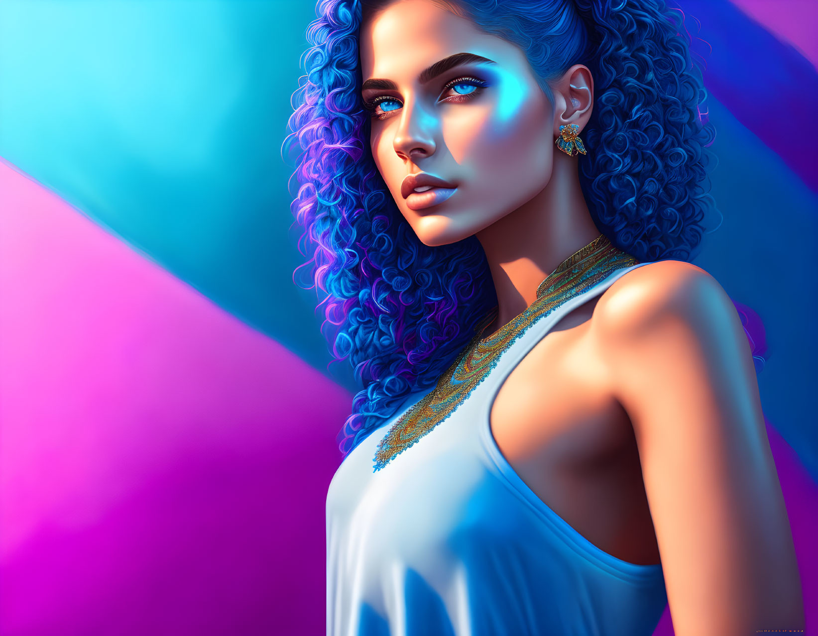 Colorful digital artwork: Blue-skinned woman with curly hair in gold jewelry on neon background