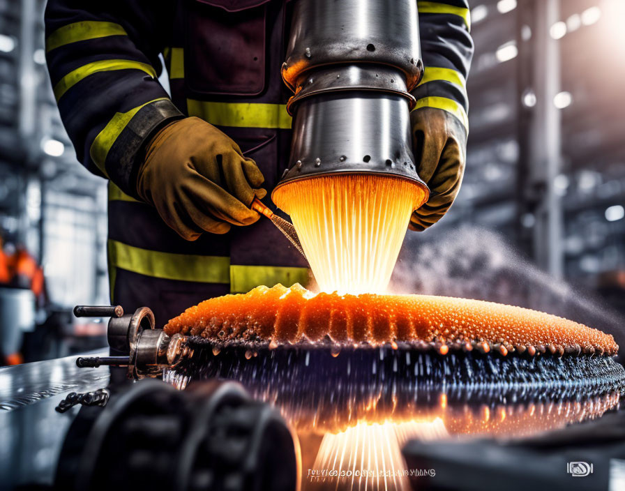 Worker in high-visibility gear pouring molten metal in dimly lit workshop