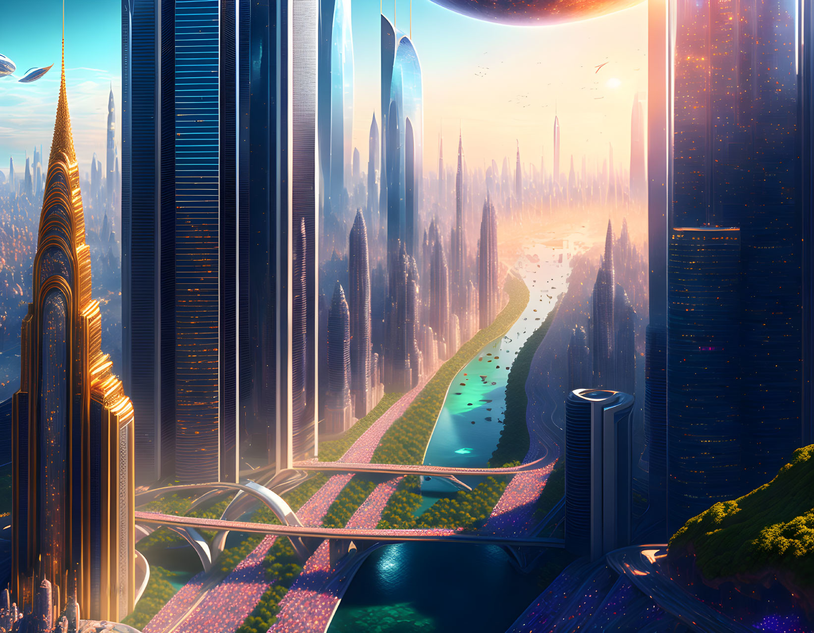 Futuristic cityscape with skyscrapers, greenery, rivers, and golden sunlight