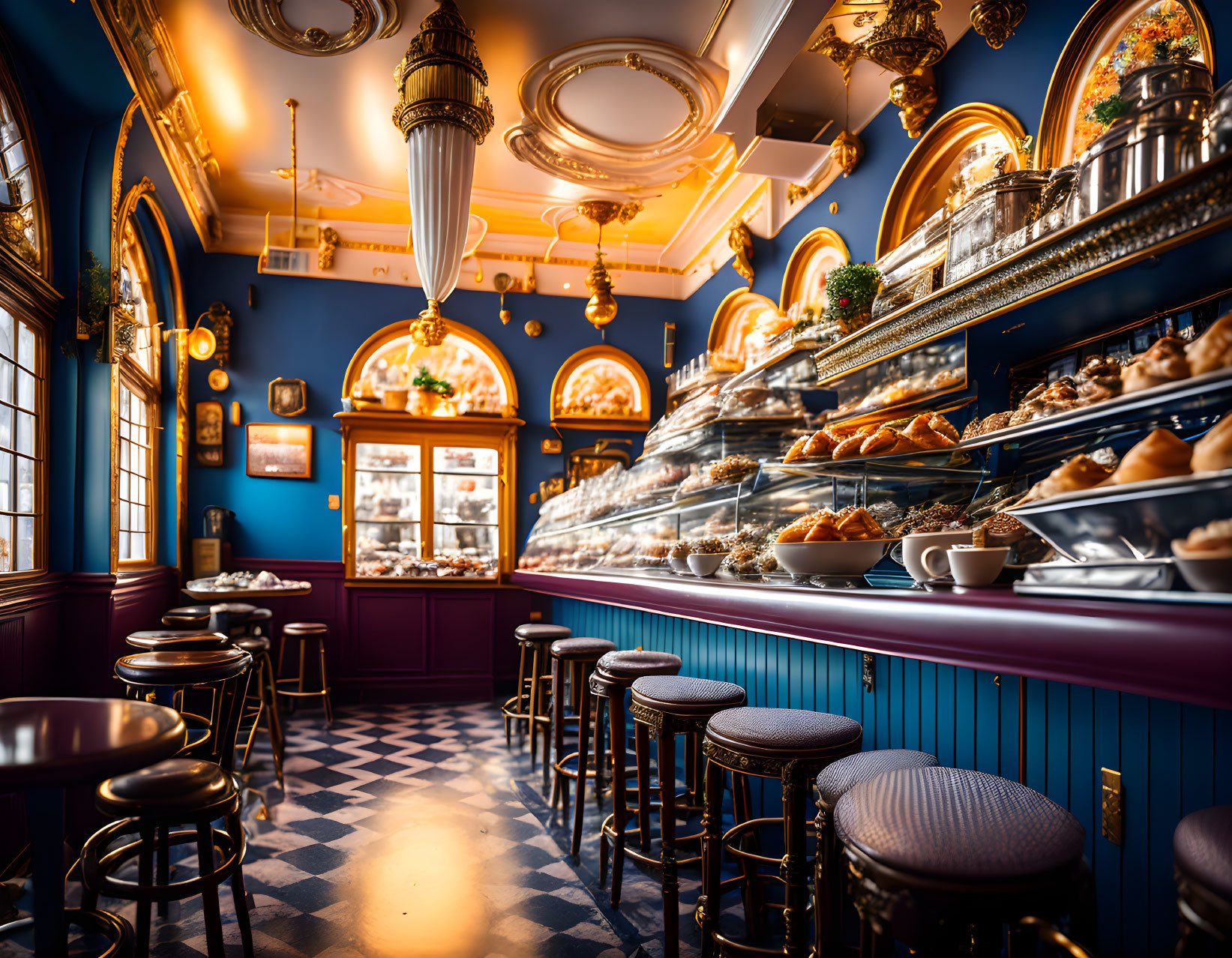 Luxurious Bakery Displaying Blue and Gold Color Scheme, Pastries, Lighting, and Bar Stools