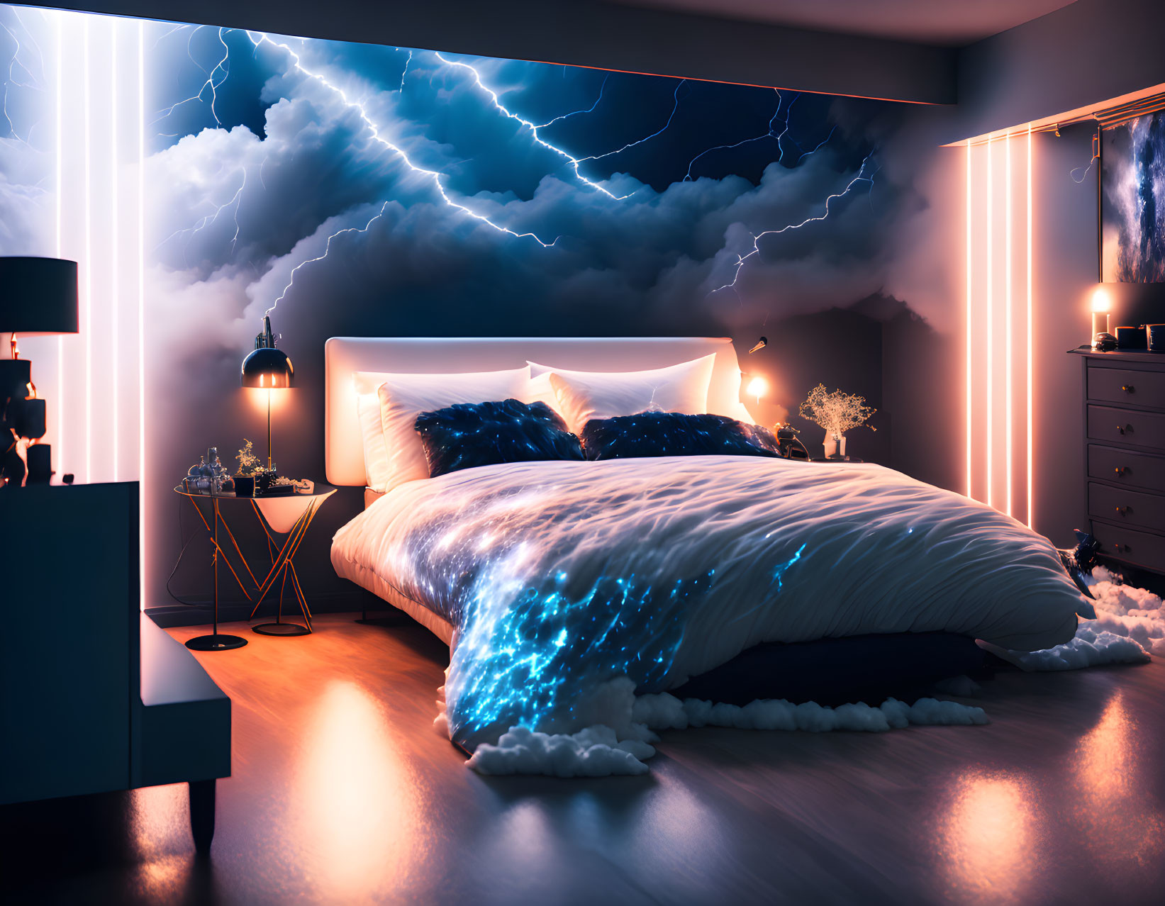 Modern Bedroom with Lightning Theme: Cozy Bed, Blue Accents, Stormy Cloud Decor