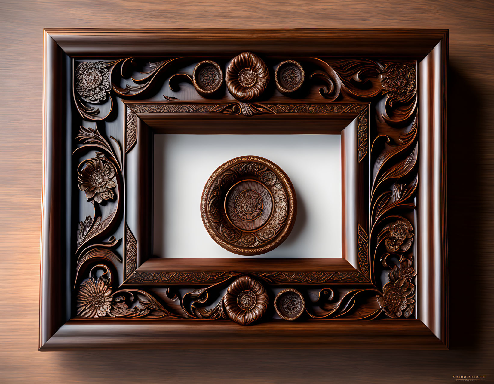 Detailed Floral Motif Carved Wooden Frame with Recursive Design