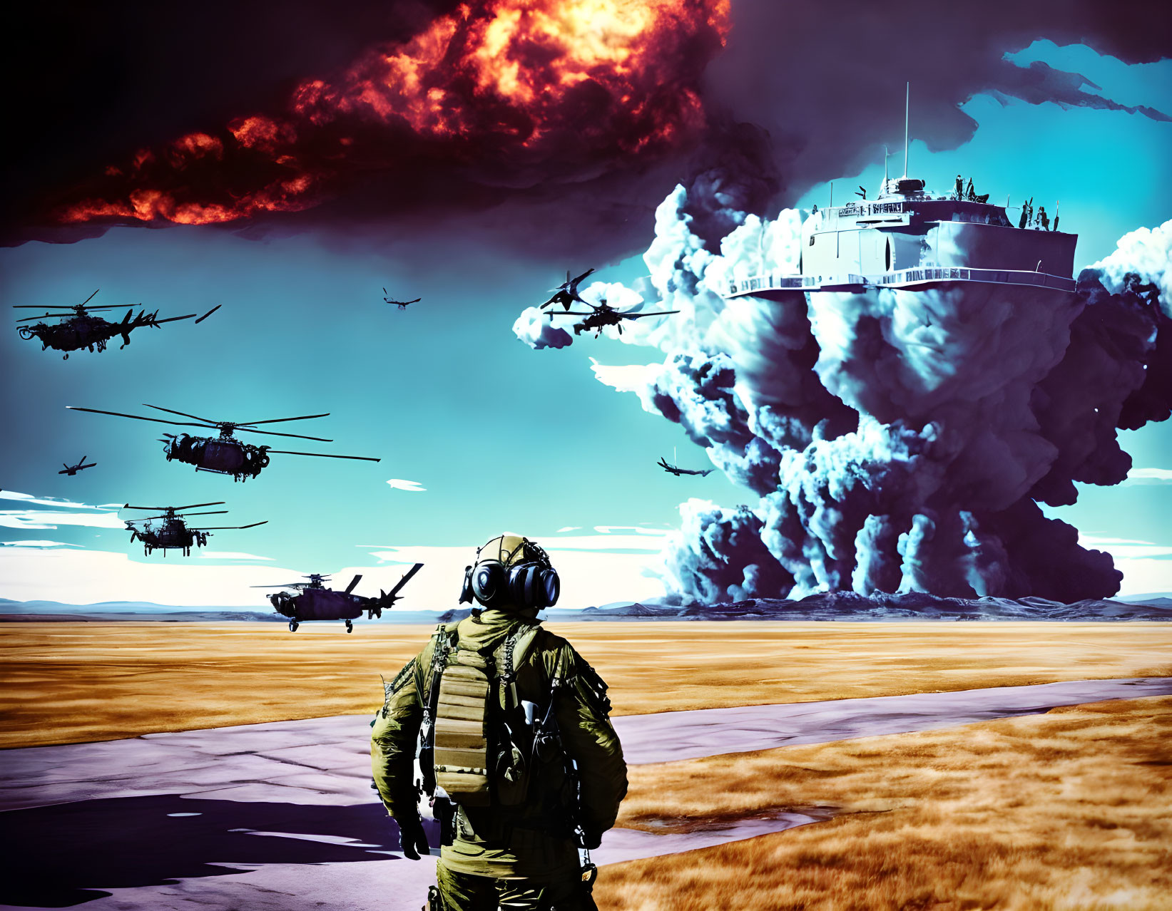 Military figure watches distant explosion with helicopters in dramatic sky