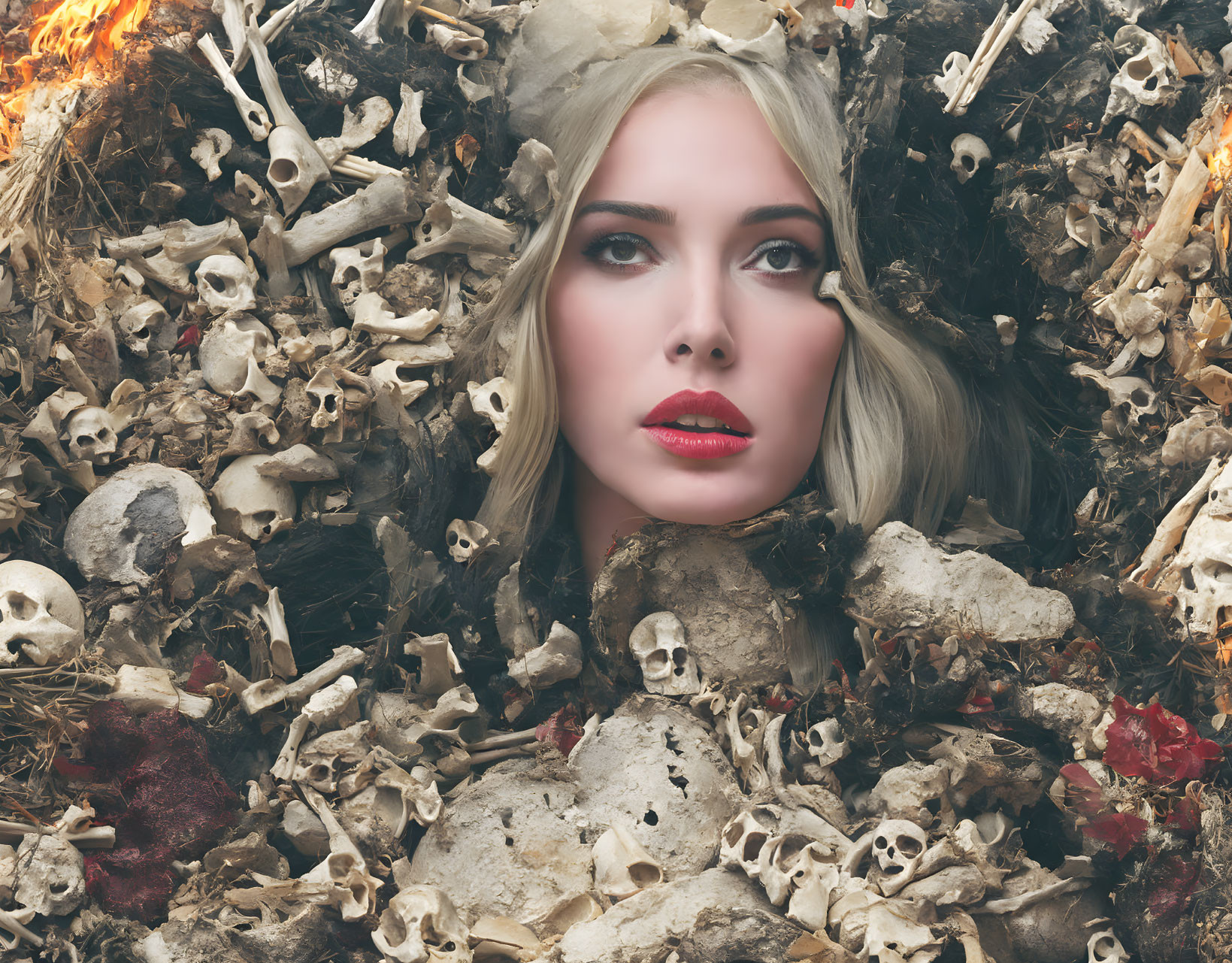 Woman's face among skulls and bones with haunting expression